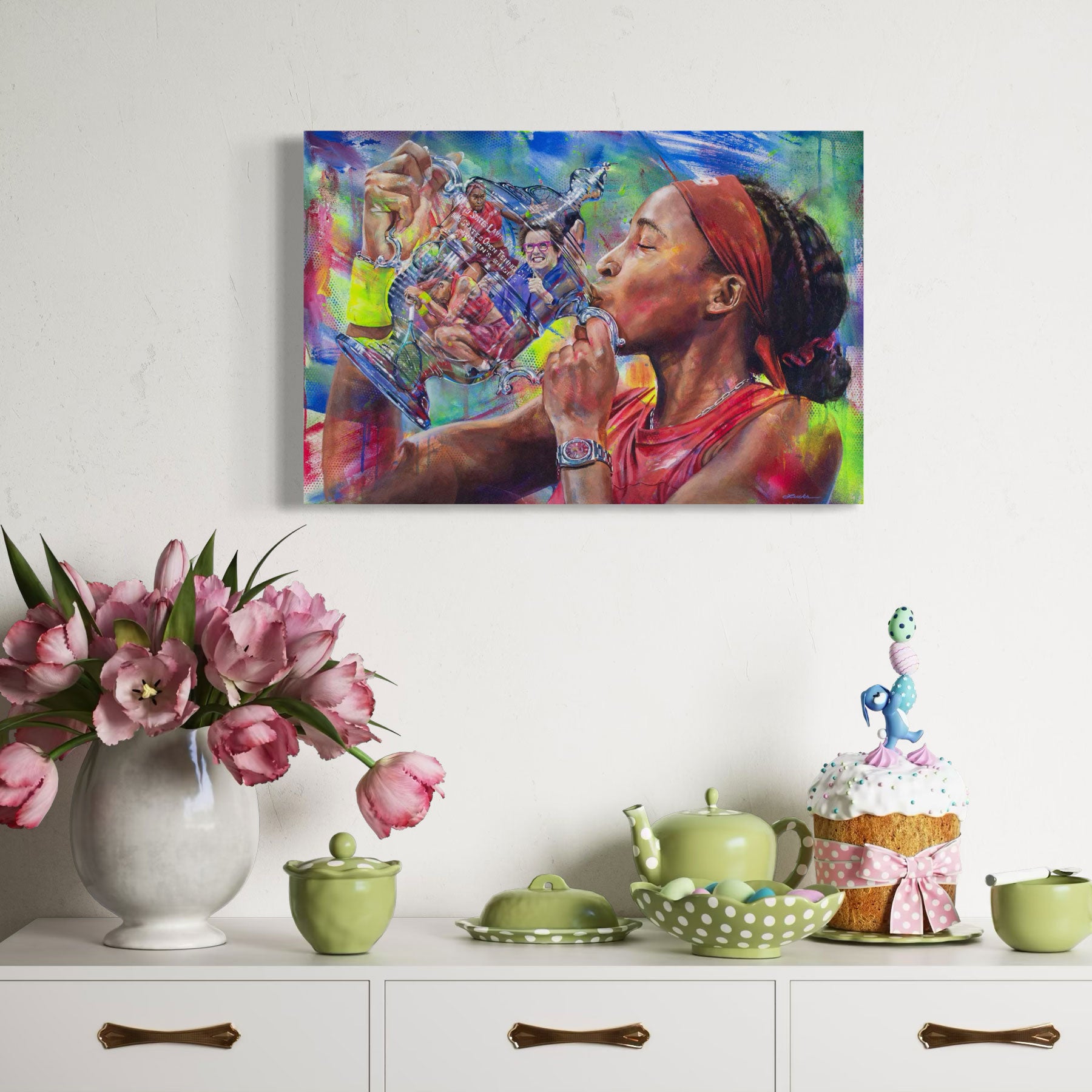 Portrait painting of tennis start Coco Gauff wearing a red shirt and kissing the US Open trophy with the reflection of Billie Jean King in it