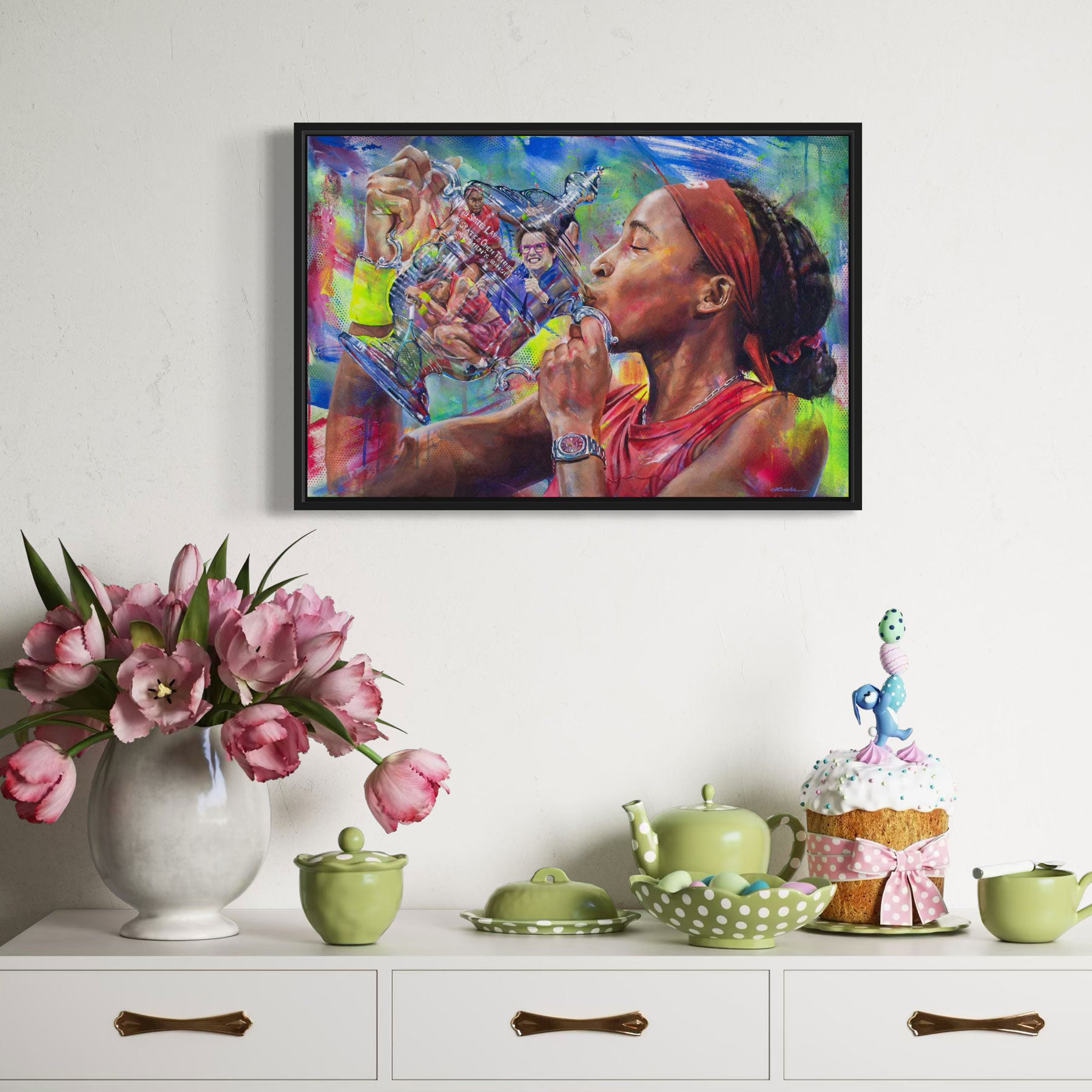 Portrait painting of tennis start Coco Gauff wearing a red shirt and kissing the US Open trophy with the reflection of Billie Jean King in it