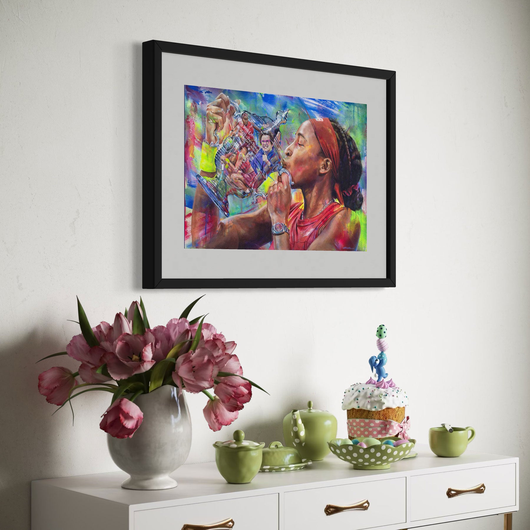 Portrait painting of tennis start Coco Gauff wearing a red shirt and kissing the US Open trophy with the reflection of Billie Jean King in it