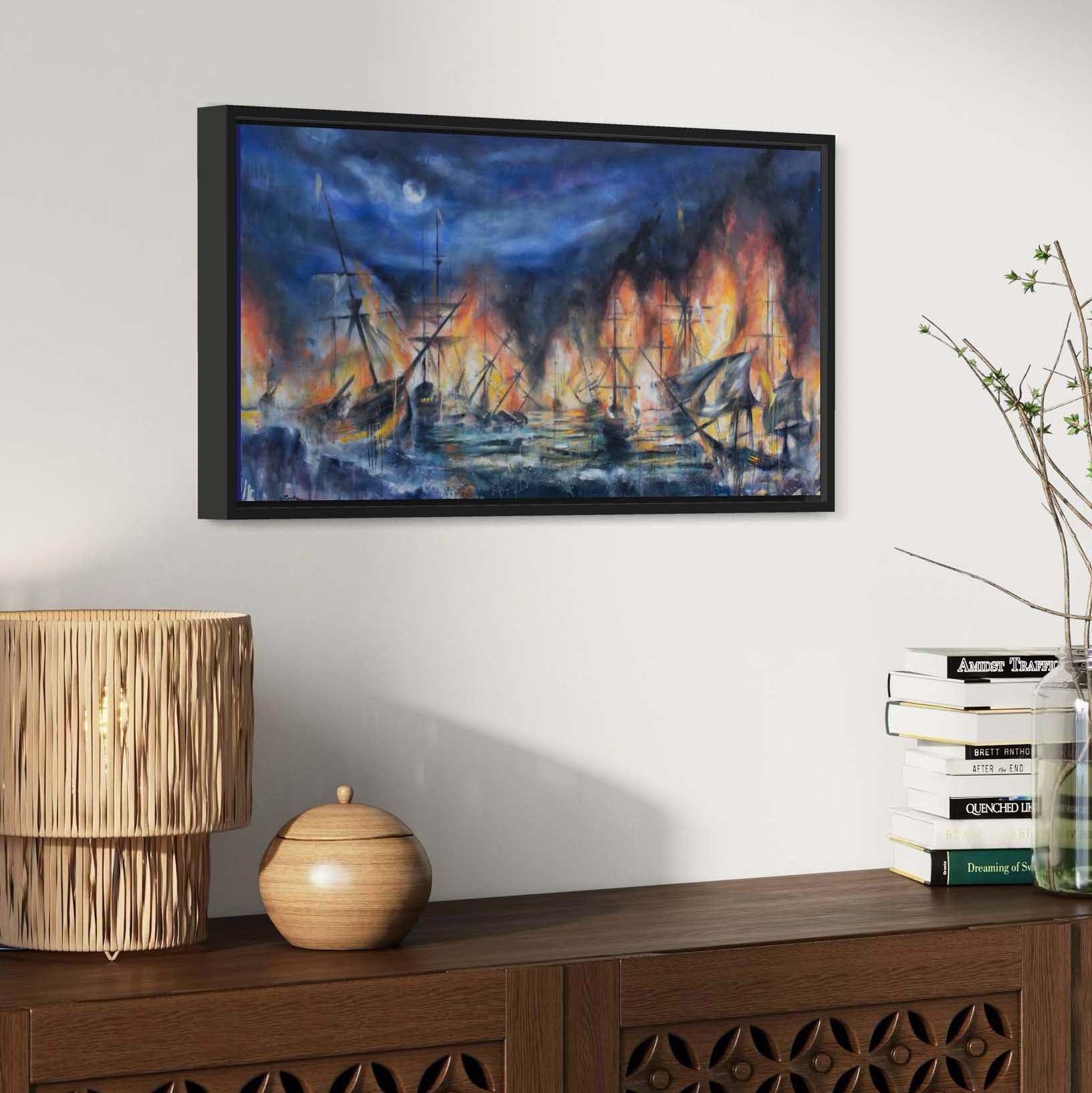 Painting of bright orange flames coming off of boats burning in the ocean under the dark blue night sky and glowing moon