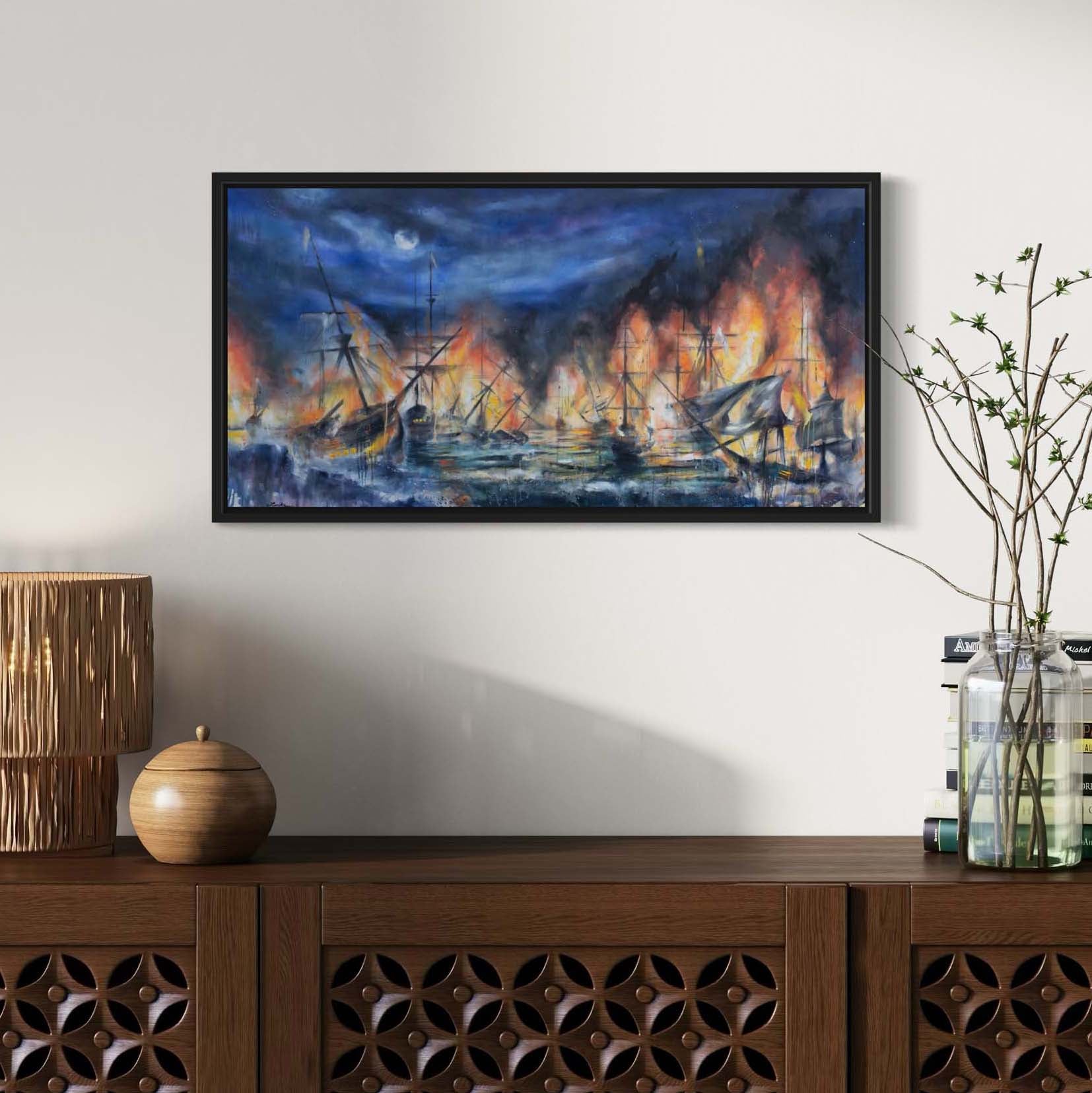 Painting of bright orange flames coming off of boats burning in the ocean under the dark blue night sky and glowing moon