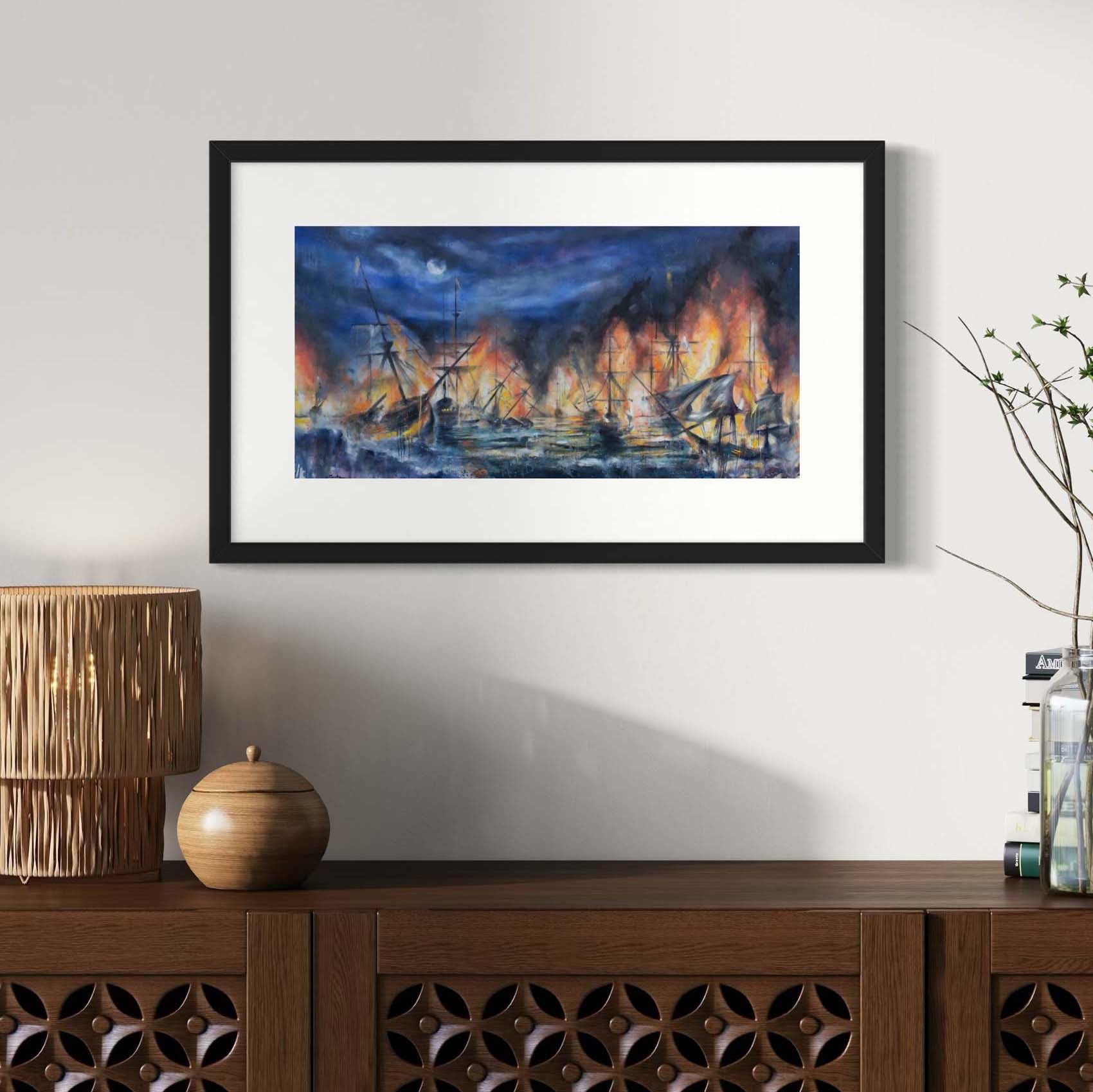 Painting of bright orange flames coming off of boats burning in the ocean under the dark blue night sky and glowing moon