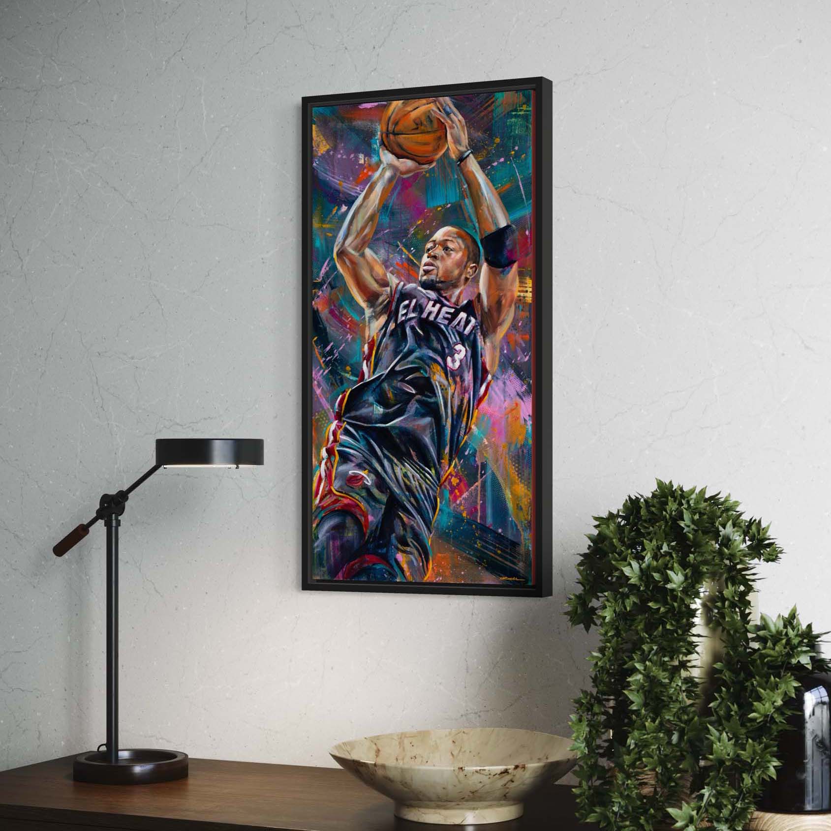 Portrait painting of Miami Heat basketball player Dwayne Wade shooting a ball