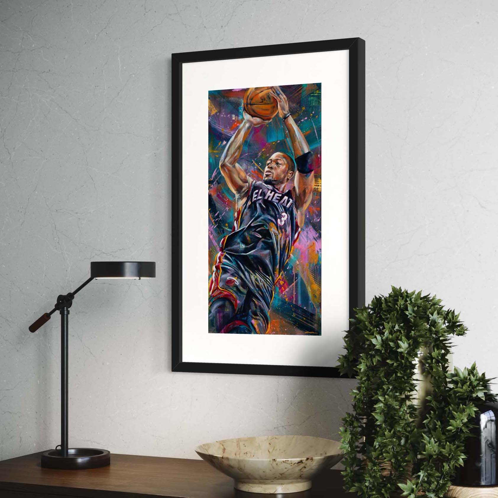 Portrait painting of Miami Heat basketball player Dwayne Wade shooting a ball