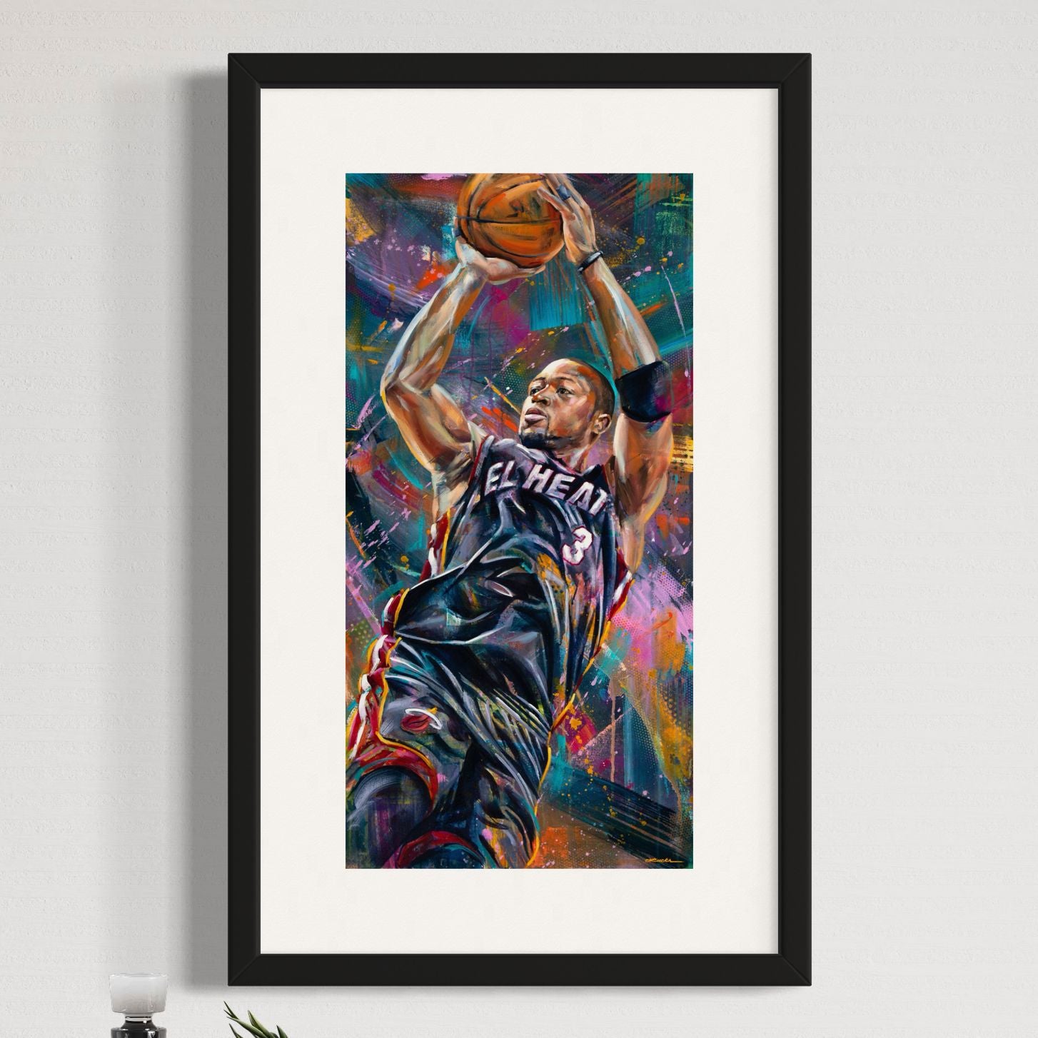 Miami Heat legend Dwyane Wade by Kyle Lucks as a framed giclée fine art print in a black frame, front view