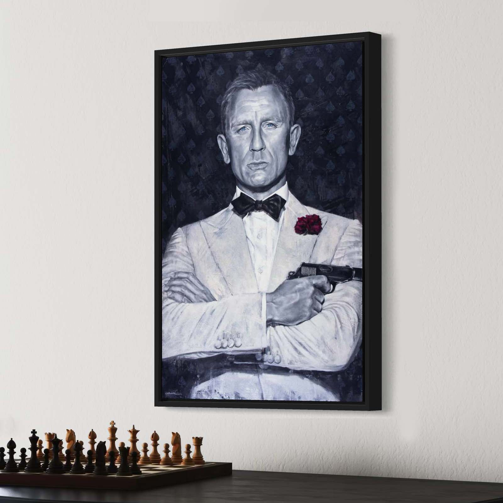 Portrait painting of Daniel Craig as secret agenct James Bond, wearing a white tuxedo, with his arms crossed and holding a gun. Dark gray background with spades symbol and the words Agent 007. 