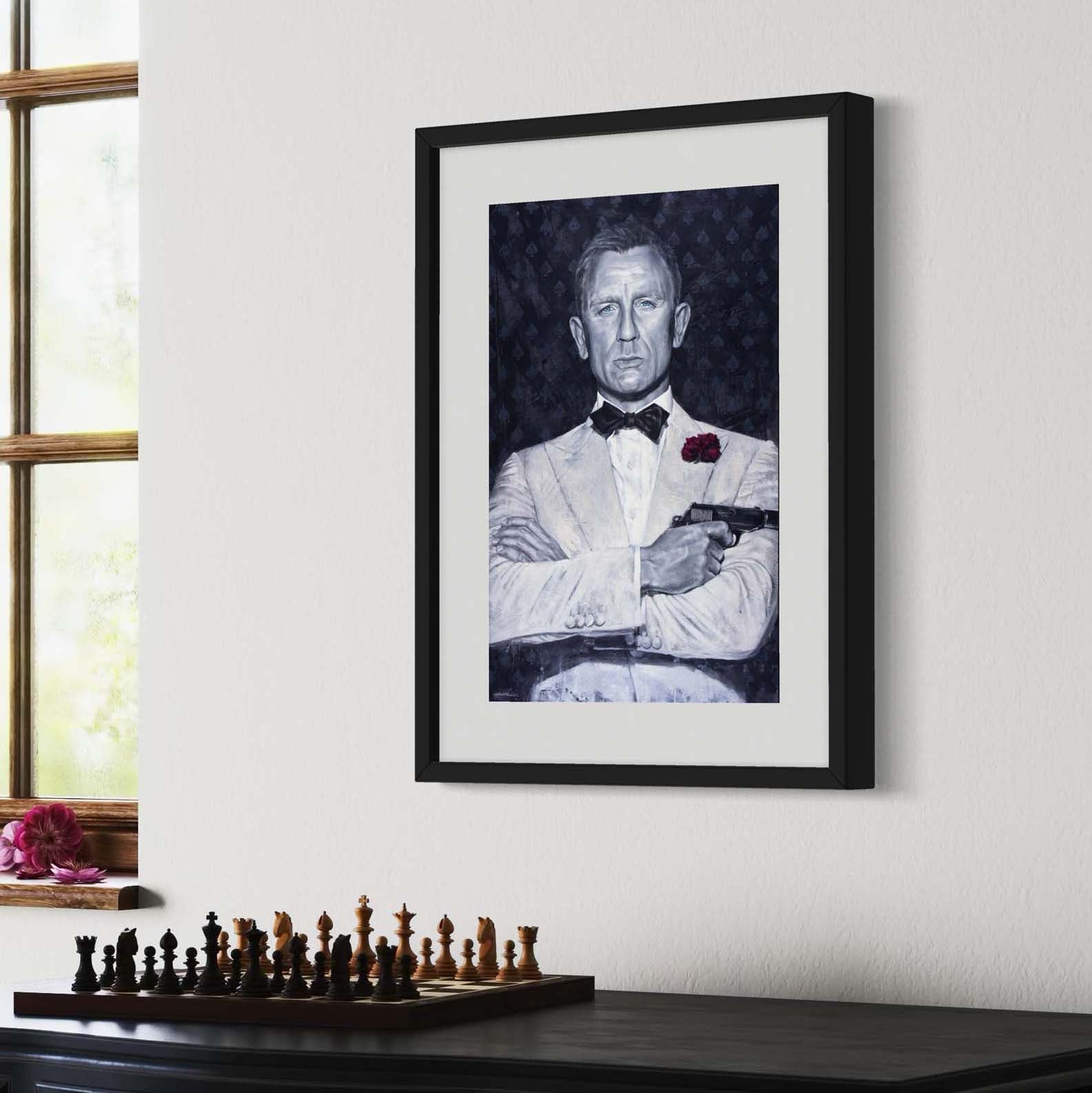 Portrait painting of Daniel Craig as secret agenct James Bond, wearing a white tuxedo, with his arms crossed and holding a gun. Dark gray background with spades symbol and the words Agent 007. 