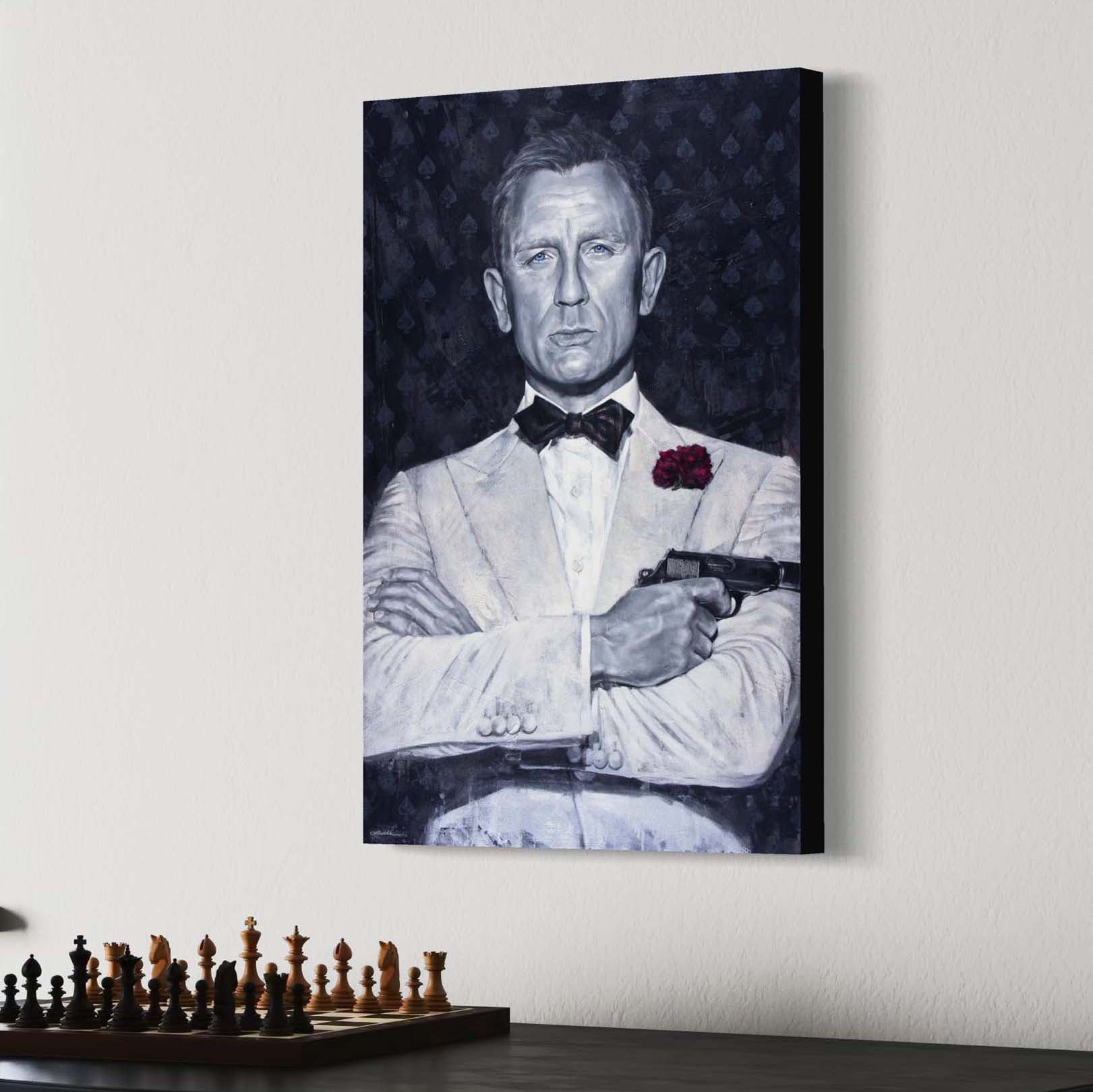 Portrait painting of Daniel Craig as secret agenct James Bond, wearing a white tuxedo, with his arms crossed and holding a gun. Dark gray background with spades symbol and the words Agent 007. 