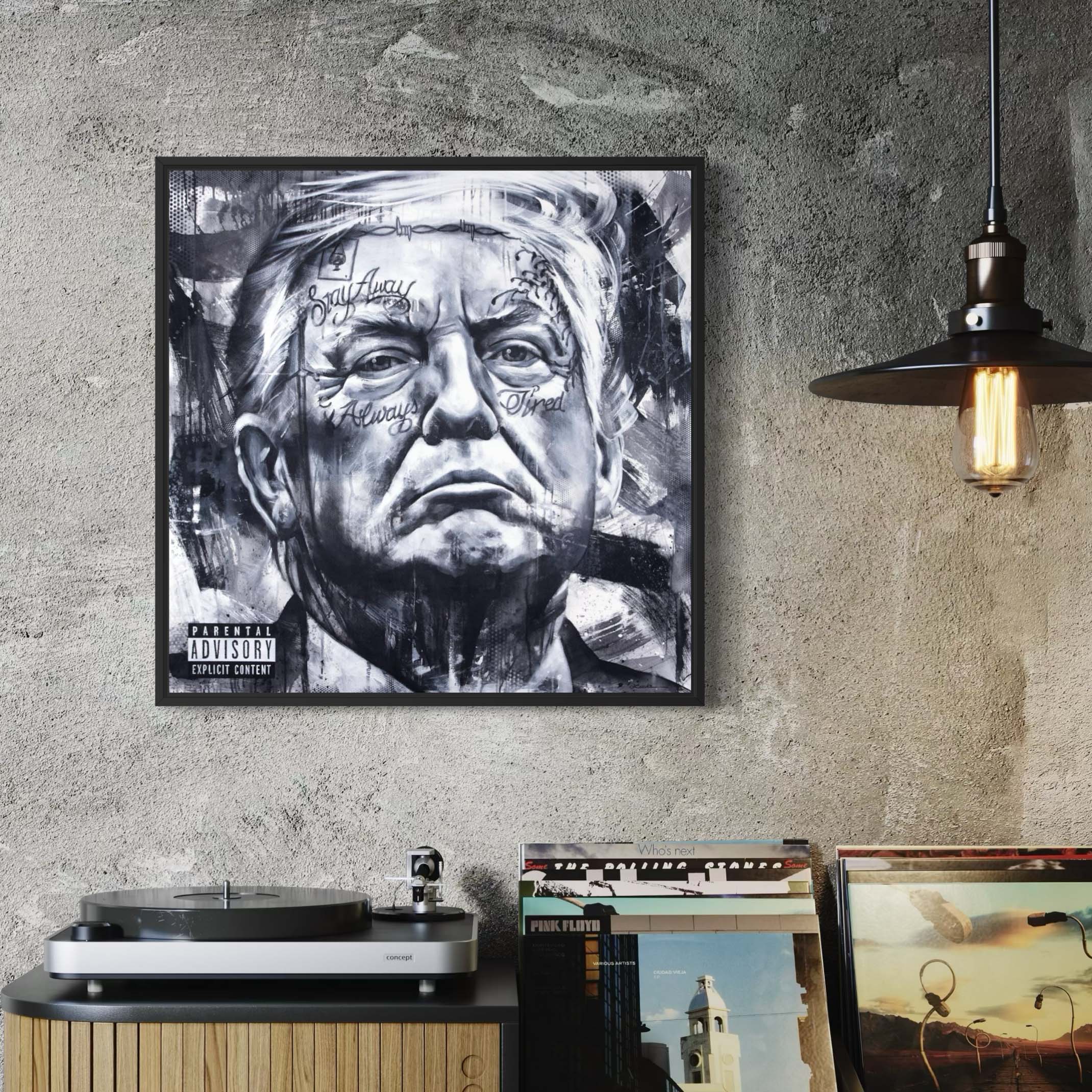 President Donald Trump as rapper "POTUS Malone" by Kyle Lucks on a gallery-wrapped canvas in a black float frame, front view