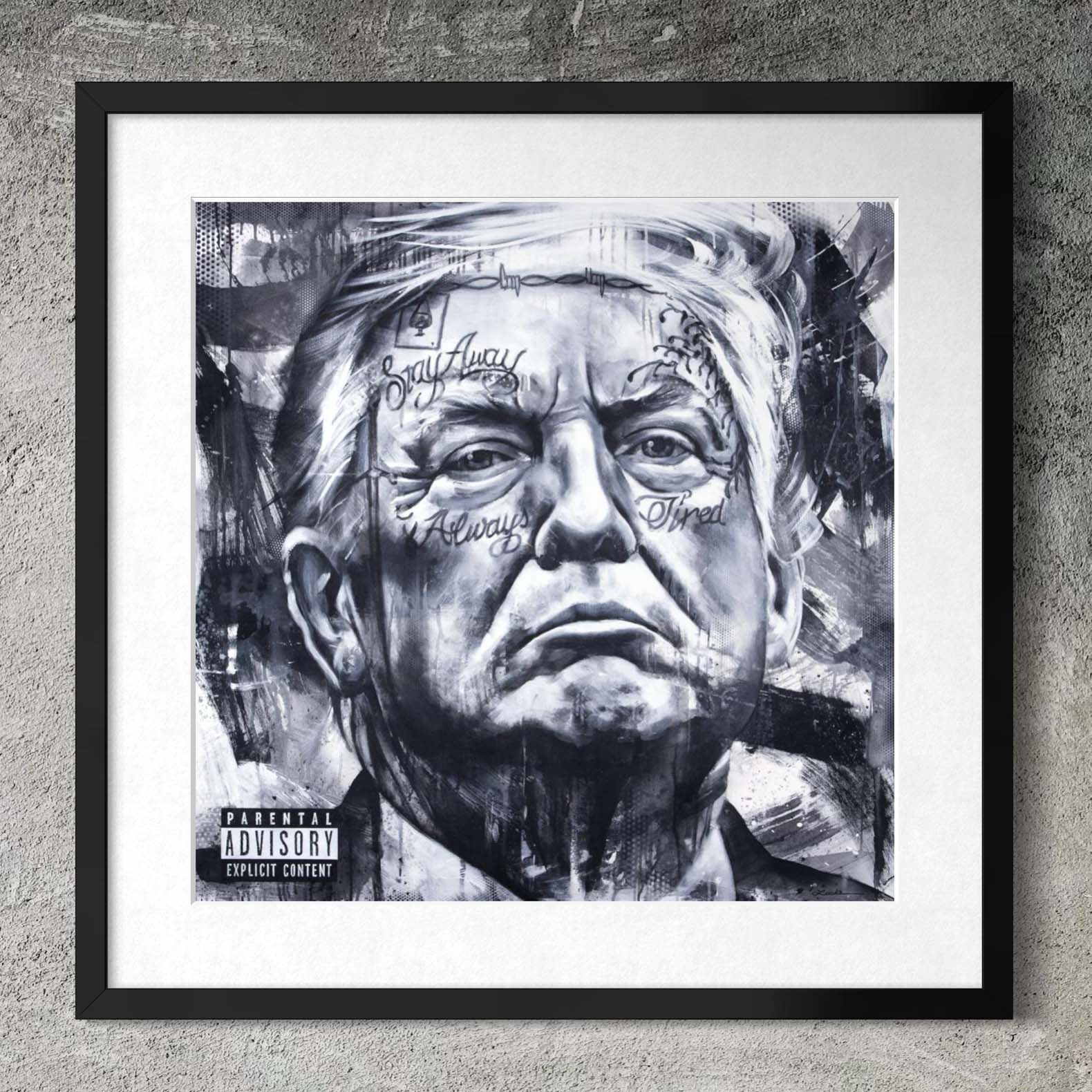President Donald Trump as rapper "POTUS Malone" by Kyle Lucks as a framed giclée fine art print in a black frame, front view