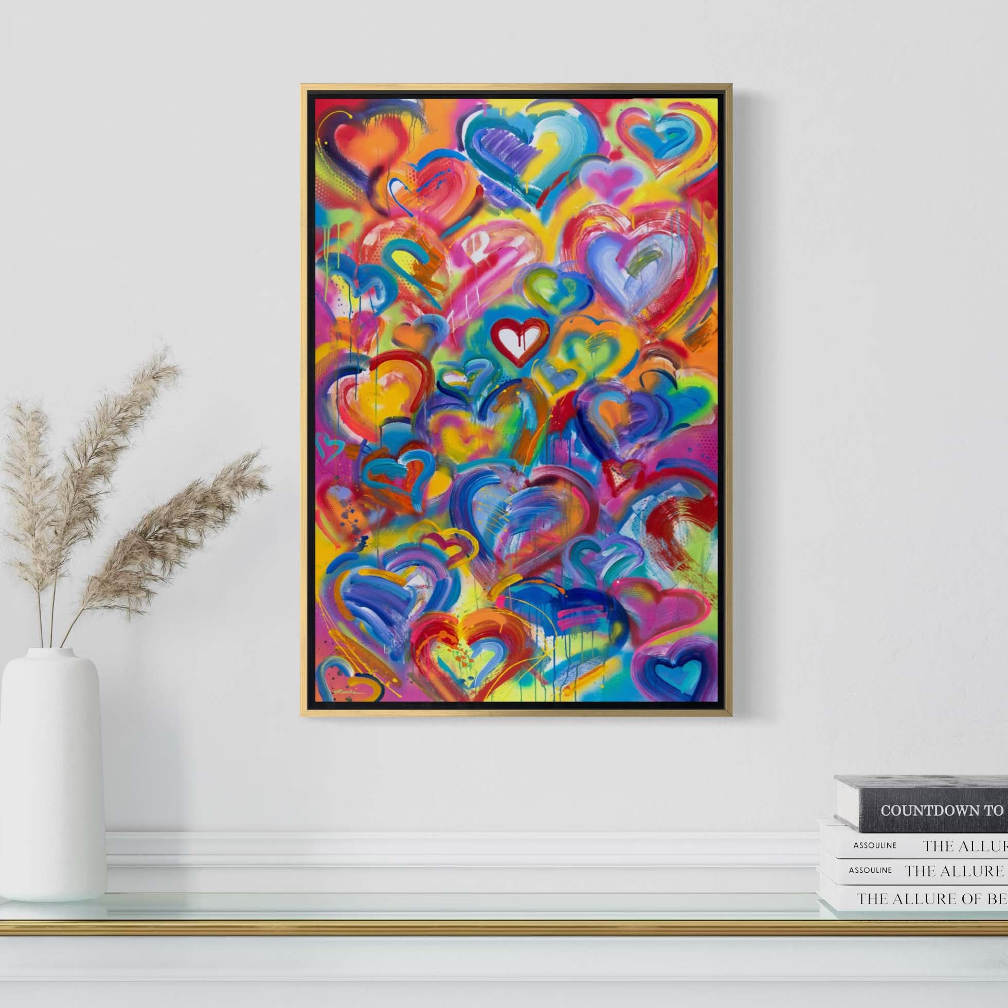 Vibrant hearts tribute to healthcare workers by Kyle Lucks on a gallery-wrapped canvas in a gold float frame, front view