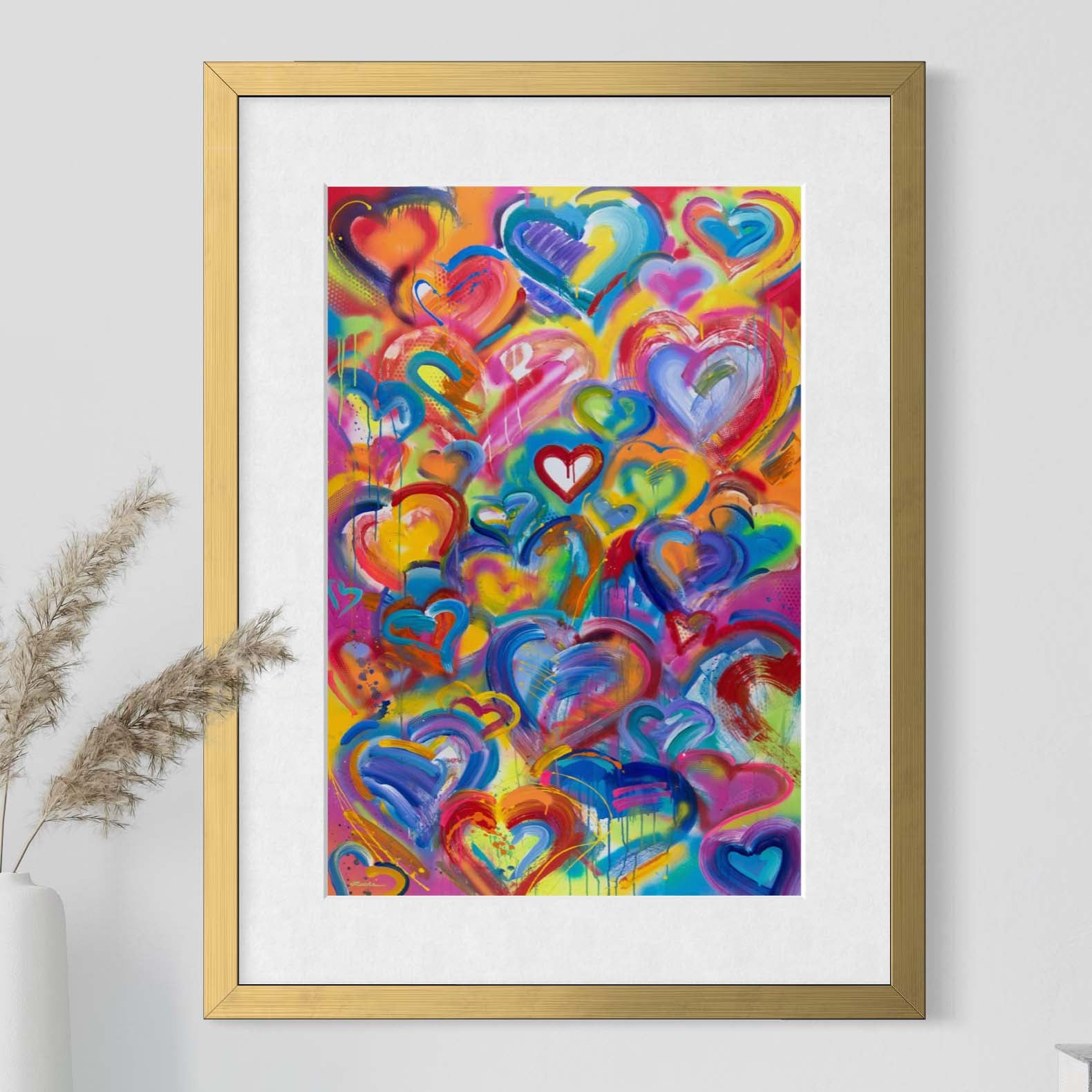 Vibrant hearts tribute to healthcare workers by Kyle Lucks on a gallery-wrapped canvas in a gold float frame, front view