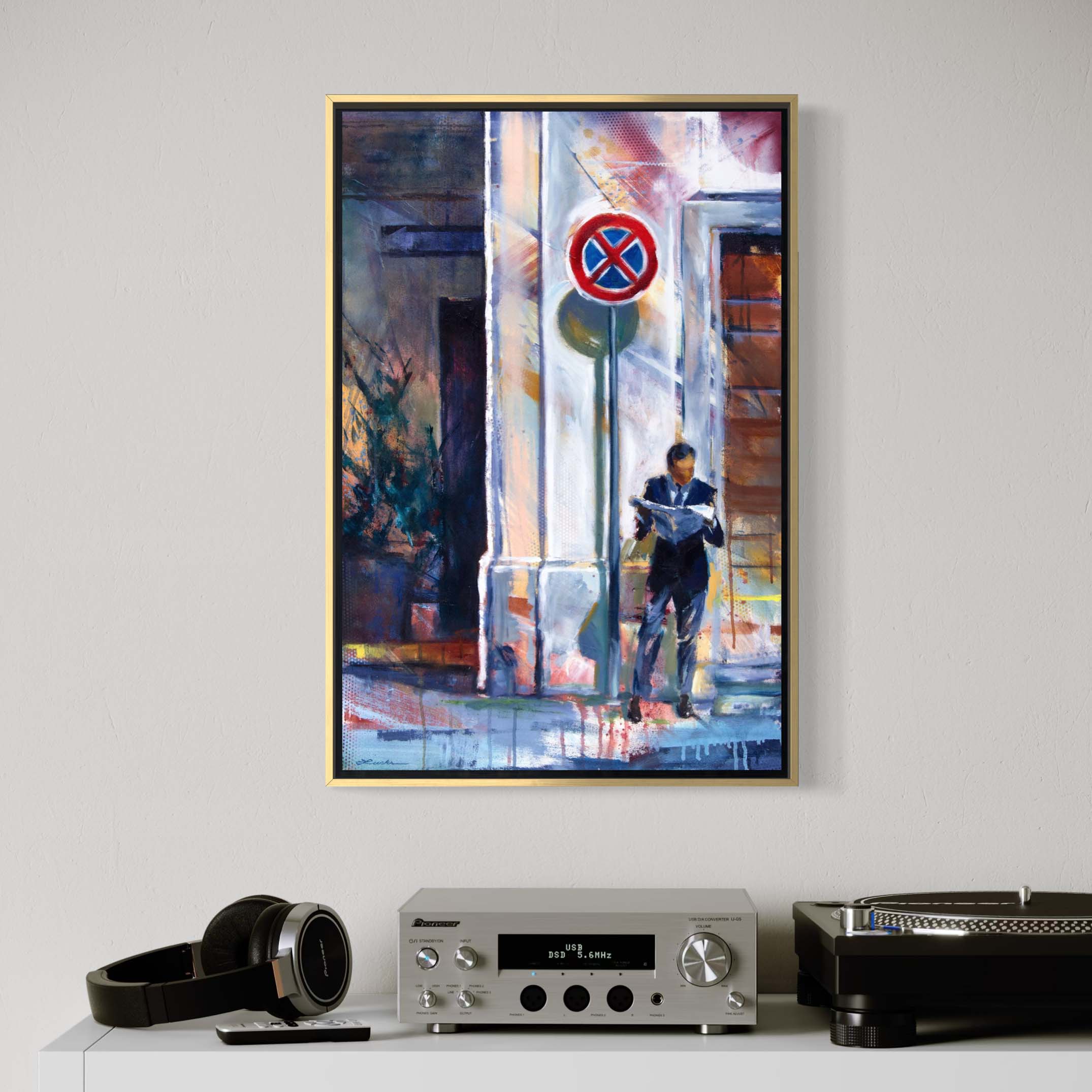 Well-dressed man reading newspaper in Florence by Kyle Lucks on a gallery-wrapped canvas in a gold float frame, front view