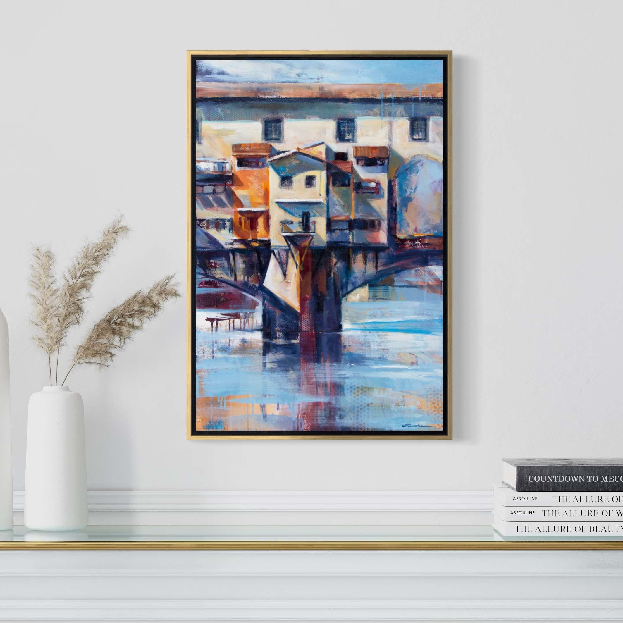 Florence's Ponte Vecchio bridge by Kyle Lucks on a gallery-wrapped canvas in a gold float frame, front view