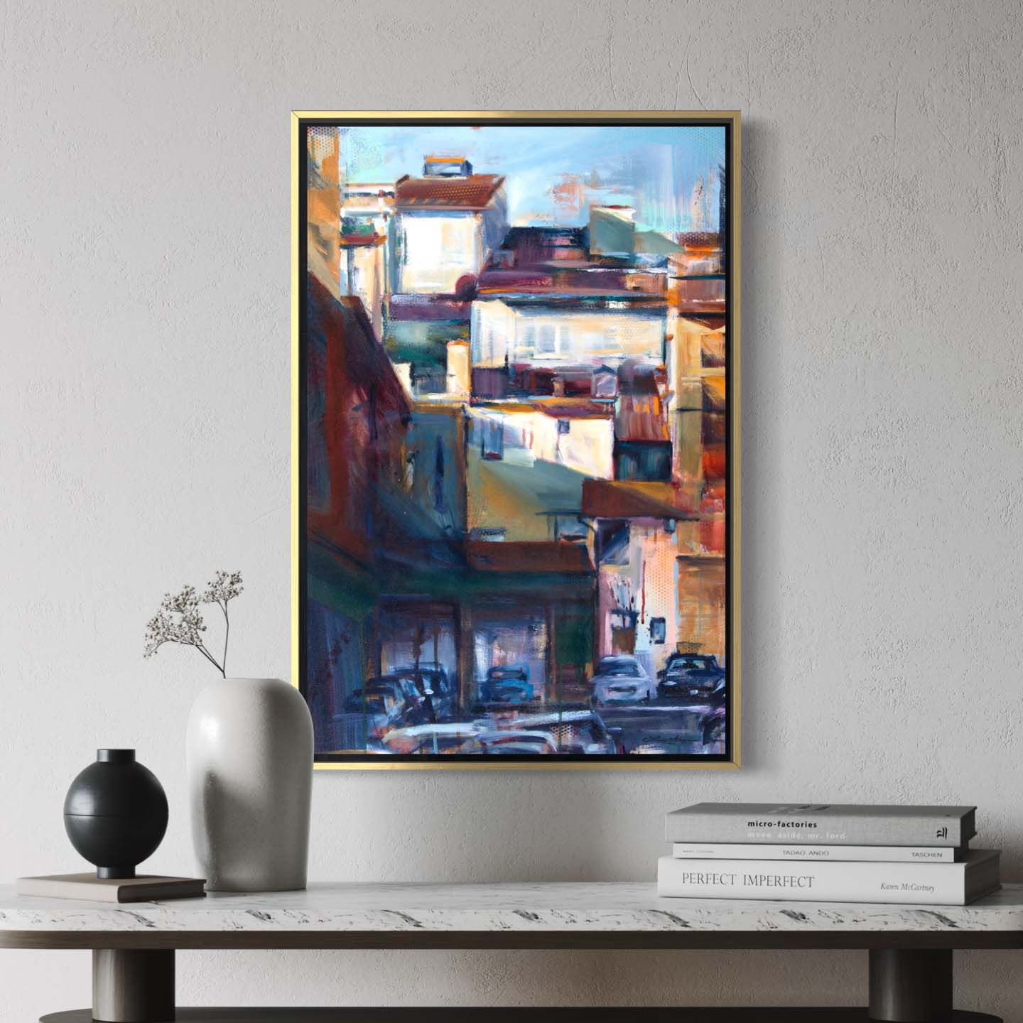 Florence rooftop apartments in sunlight by Kyle Lucks on a gallery-wrapped canvas in a gold float frame, front view