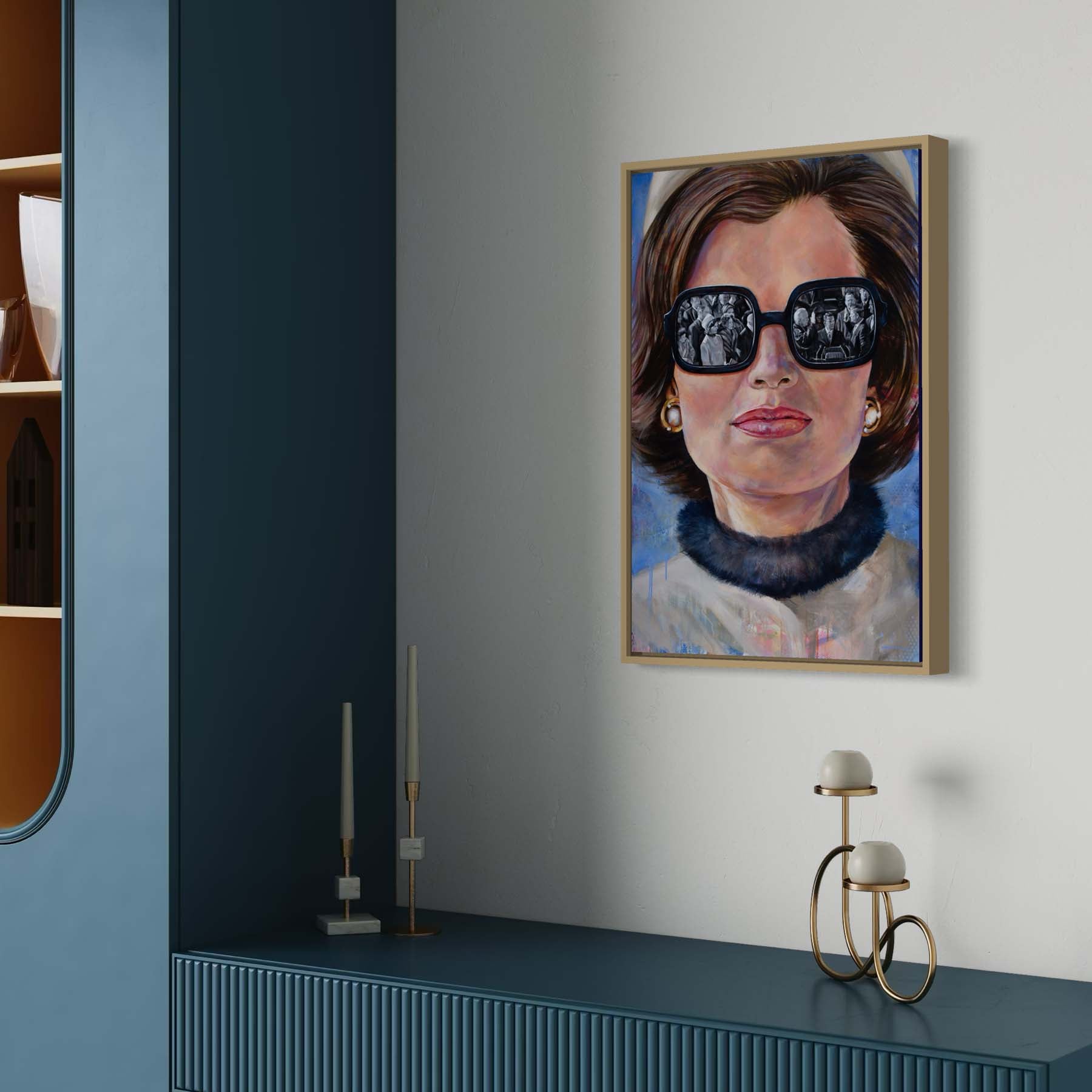 Portrait painting of Jackie Kennedy Onnassis wearing a camel colored pillbox hat and coat, large black rimmed sunglasses showing the reflection of President John F. Kennedy taking the oath of office at his innuaguration.