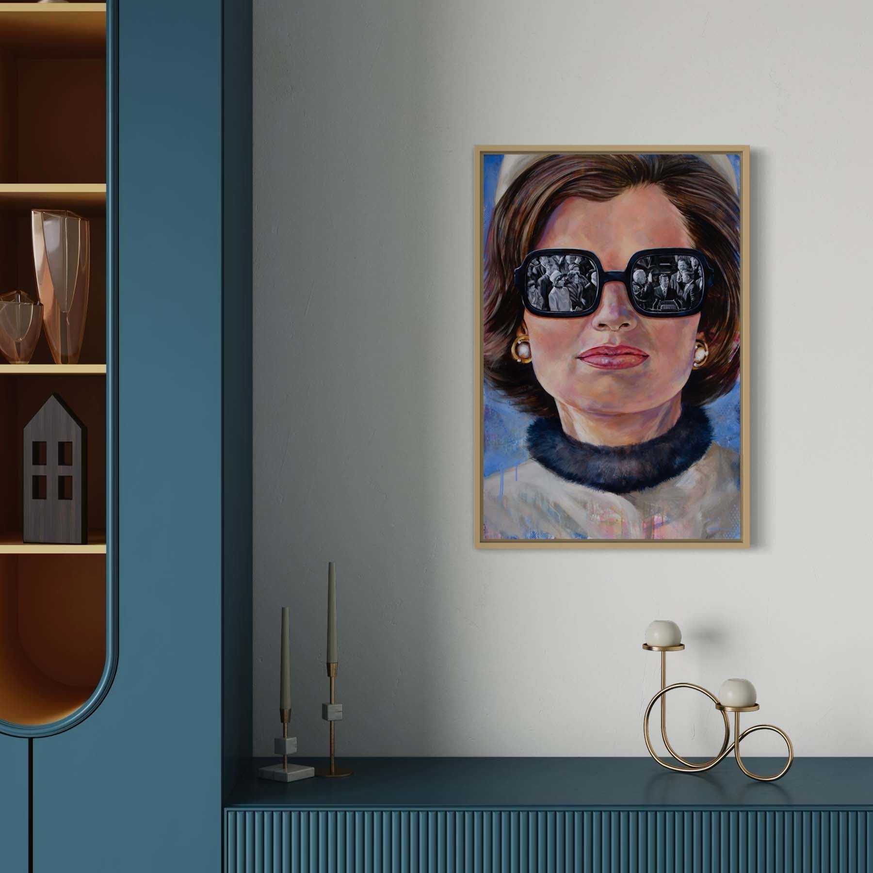 Portrait painting of Jackie Kennedy Onnassis wearing a camel colored pillbox hat and coat, large black rimmed sunglasses showing the reflection of President John F. Kennedy taking the oath of office at his innuaguration.