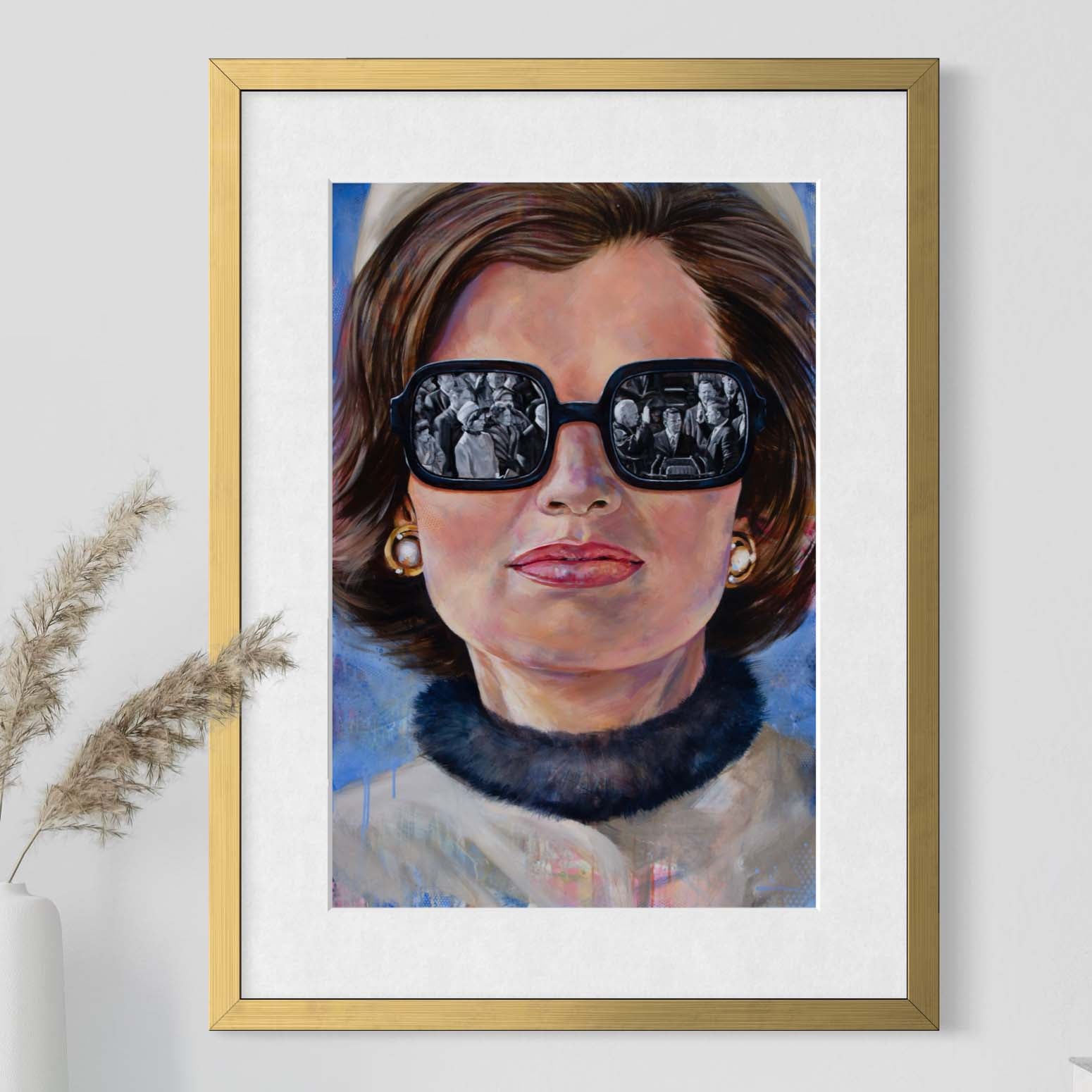 Jackie Kennedy at JFK's inauguration by Kyle Lucks as a framed giclée fine art print in a gold frame, front view