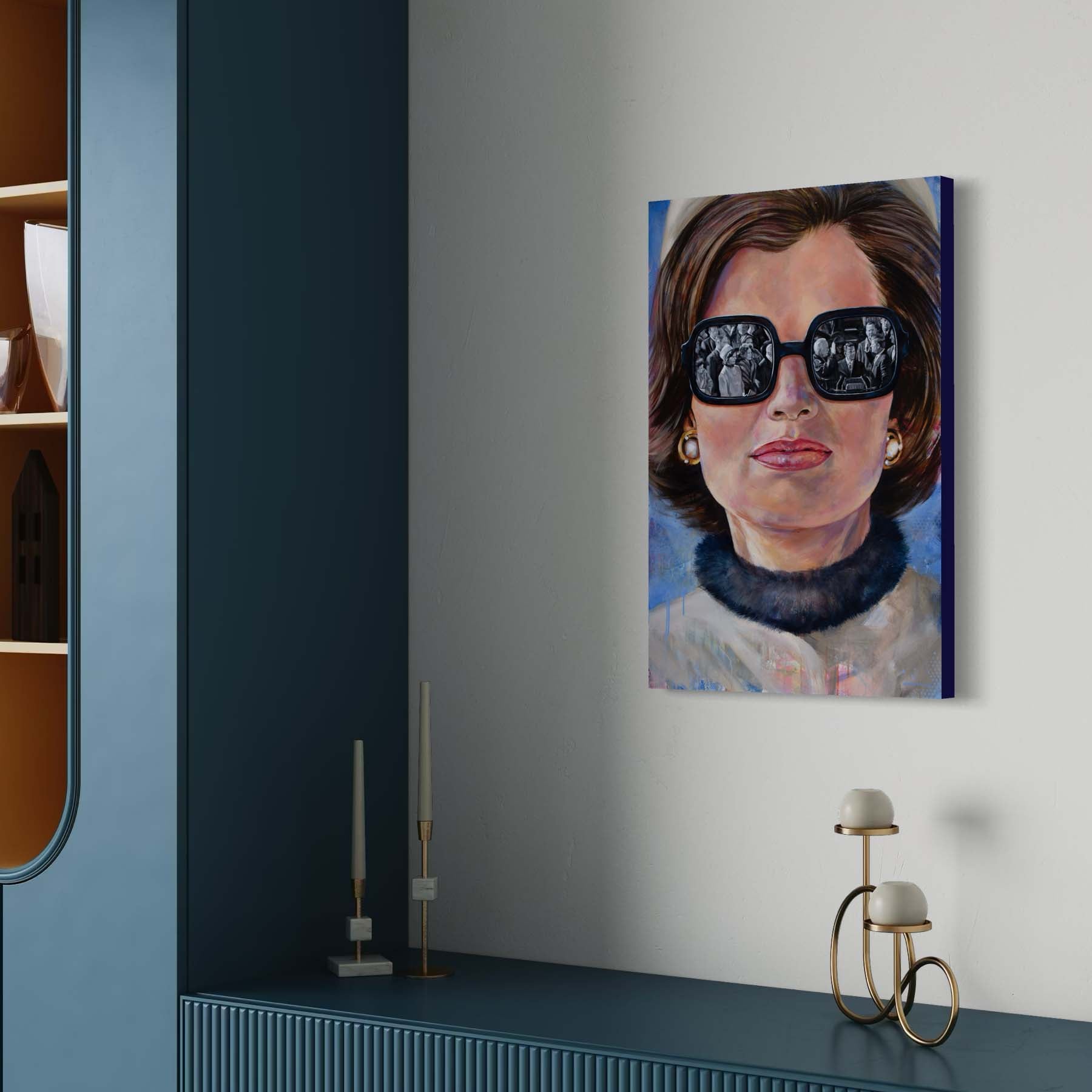 Portrait painting of Jackie Kennedy Onnassis wearing a camel colored pillbox hat and coat, large black rimmed sunglasses showing the reflection of President John F. Kennedy taking the oath of office at his innuaguration.