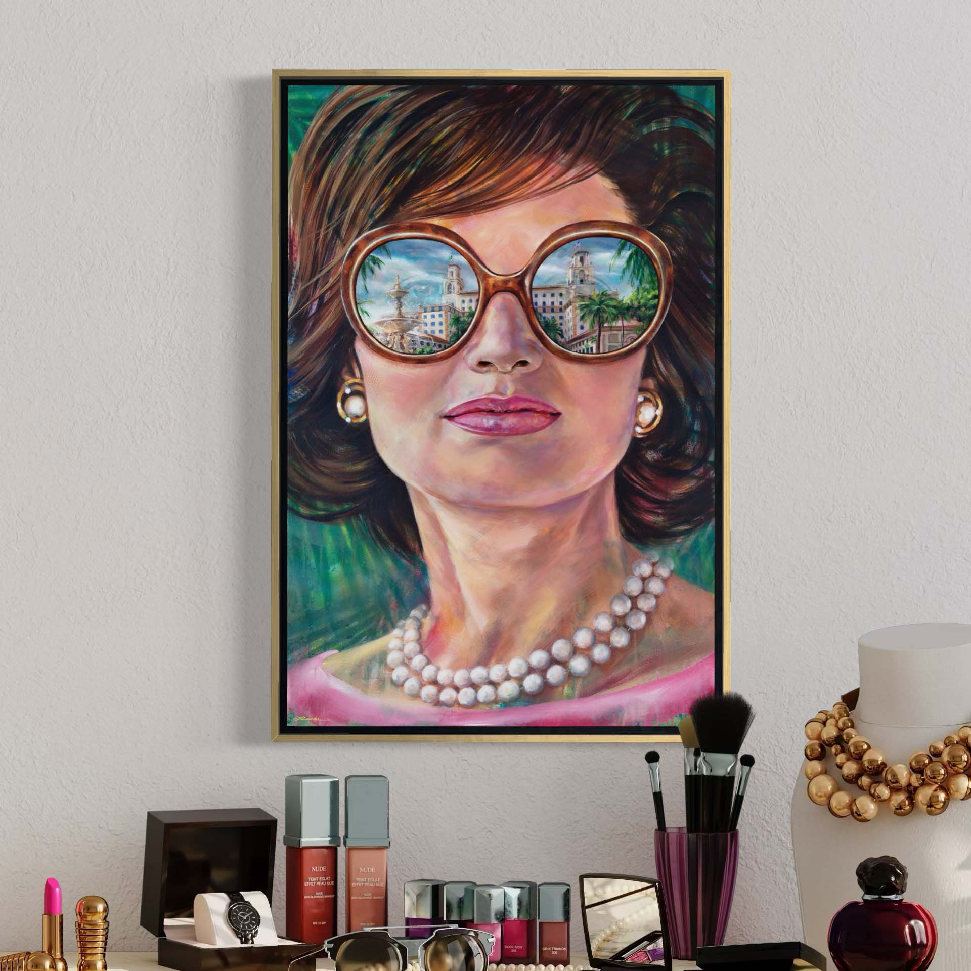 Jackie Kennedy at The Breakers Hotel by Kyle Lucks on a gallery-wrapped canvas in a gold float frame, front view