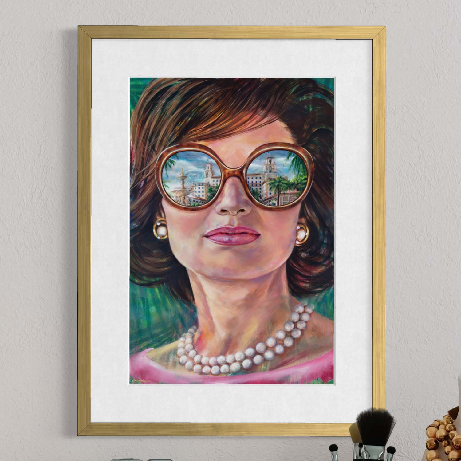 Jackie Kennedy at The Breakers by Kyle Lucks as a framed giclée fine art print in a gold frame, front view