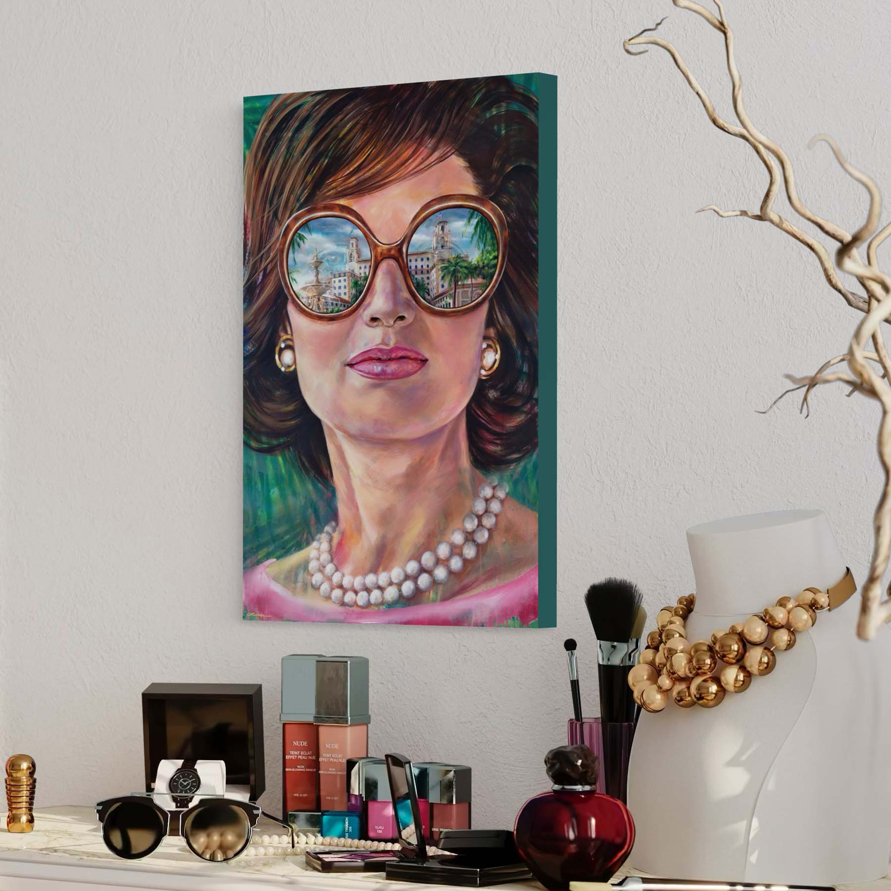 Painted portrait of Jackie Kennedy Onnassis wearing a pearl necklace and oversized sunglasses with the reflection of the Breakers Hotel in Palm Beach, Florida. 