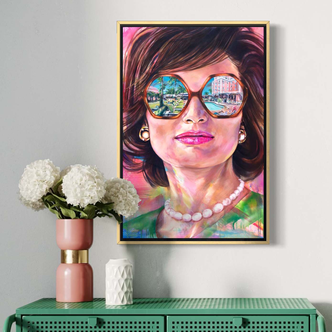 Jackie Kennedy at The Colony Hotel by Kyle Lucks on a gallery-wrapped canvas in a gold float frame, front view