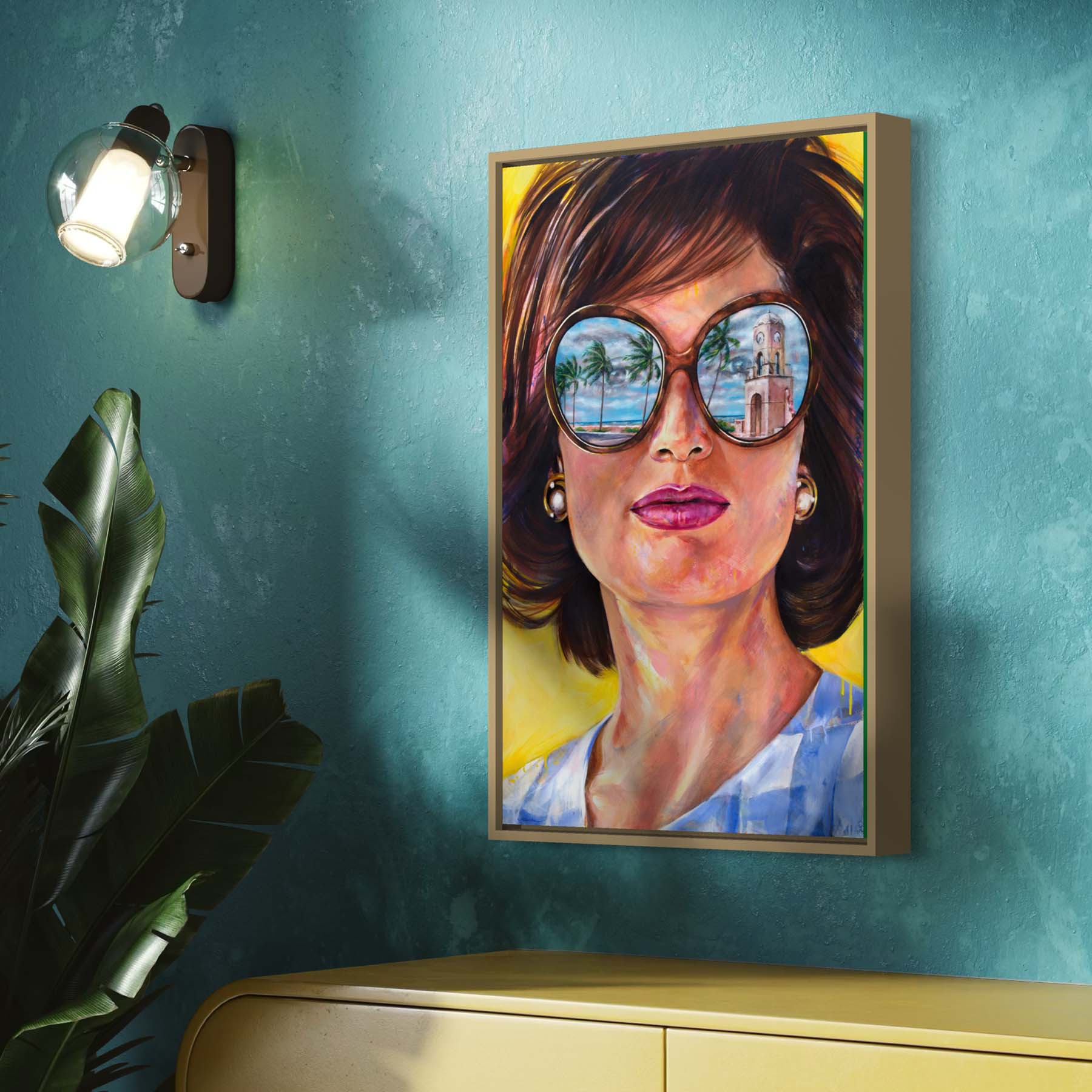 Painted portrait of Jackie Kennedy Onnassis wearing oversized sunglasses with the reflection of the Worth Avenue Clock Tower in Palm Beach, Florida. 