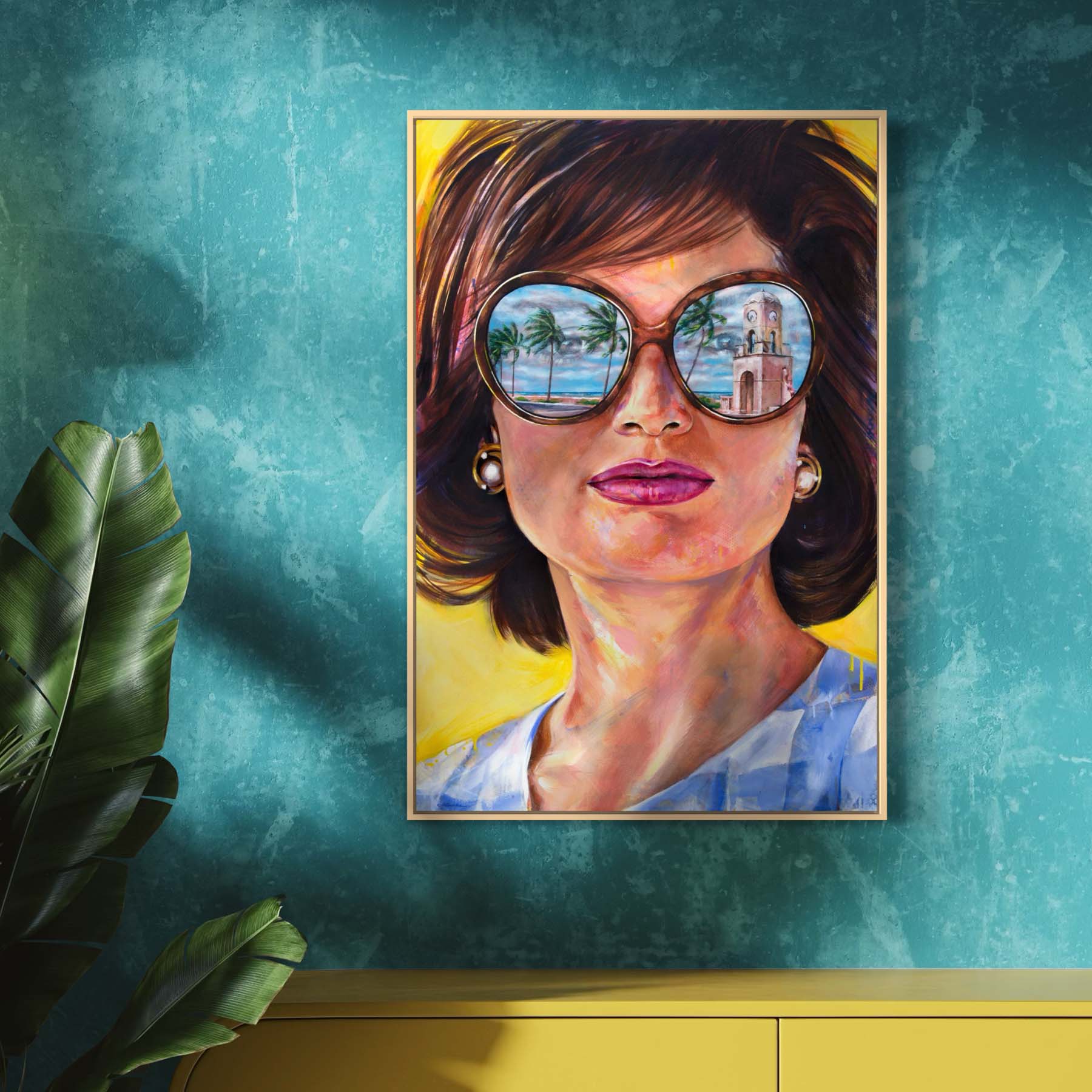 Painted portrait of Jackie Kennedy Onnassis wearing oversized sunglasses with the reflection of the Worth Avenue Clock Tower in Palm Beach, Florida. 