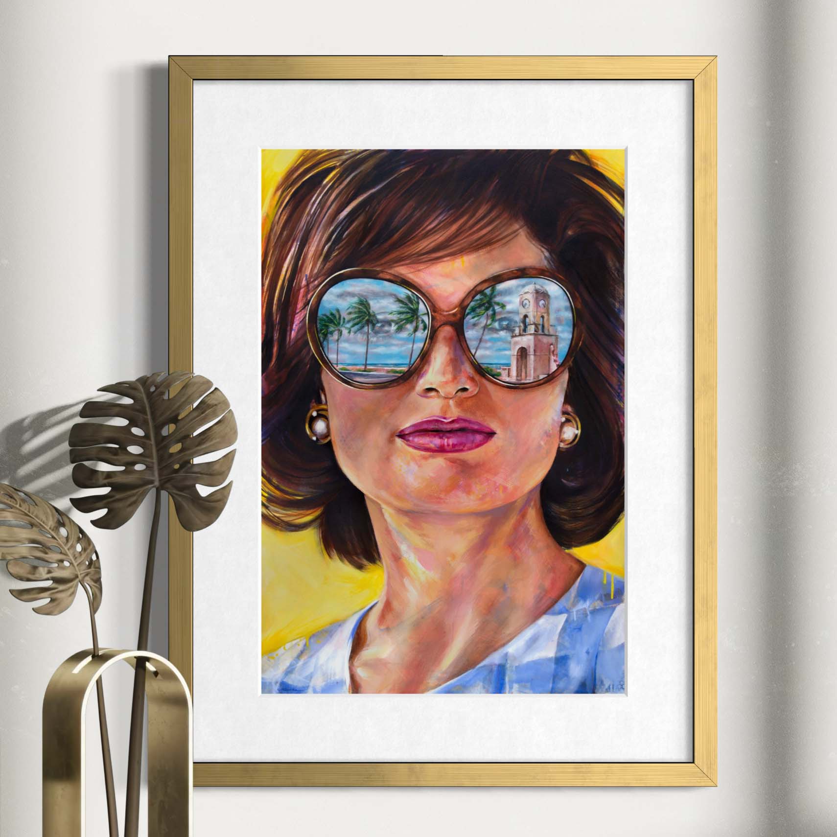 Jackie Kennedy in Palm Beach by Kyle Lucks as a framed giclée fine art print in a gold frame, front view