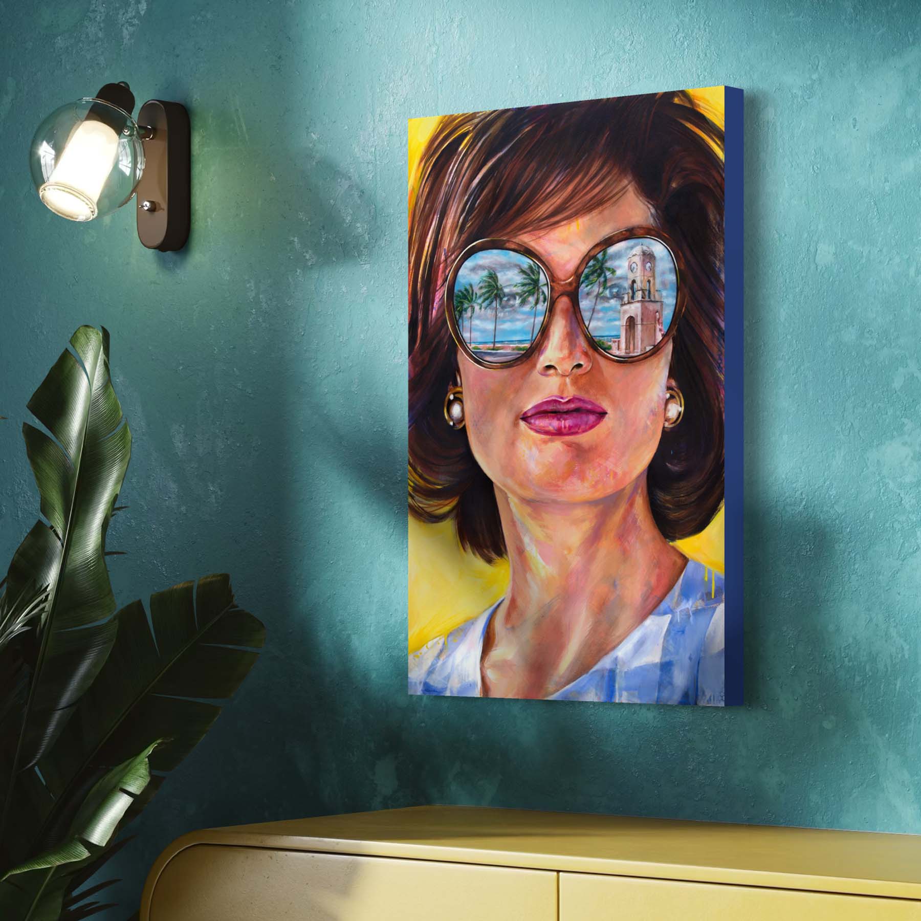 Painted portrait of Jackie Kennedy Onnassis wearing oversized sunglasses with the reflection of the Worth Avenue Clock Tower in Palm Beach, Florida. 