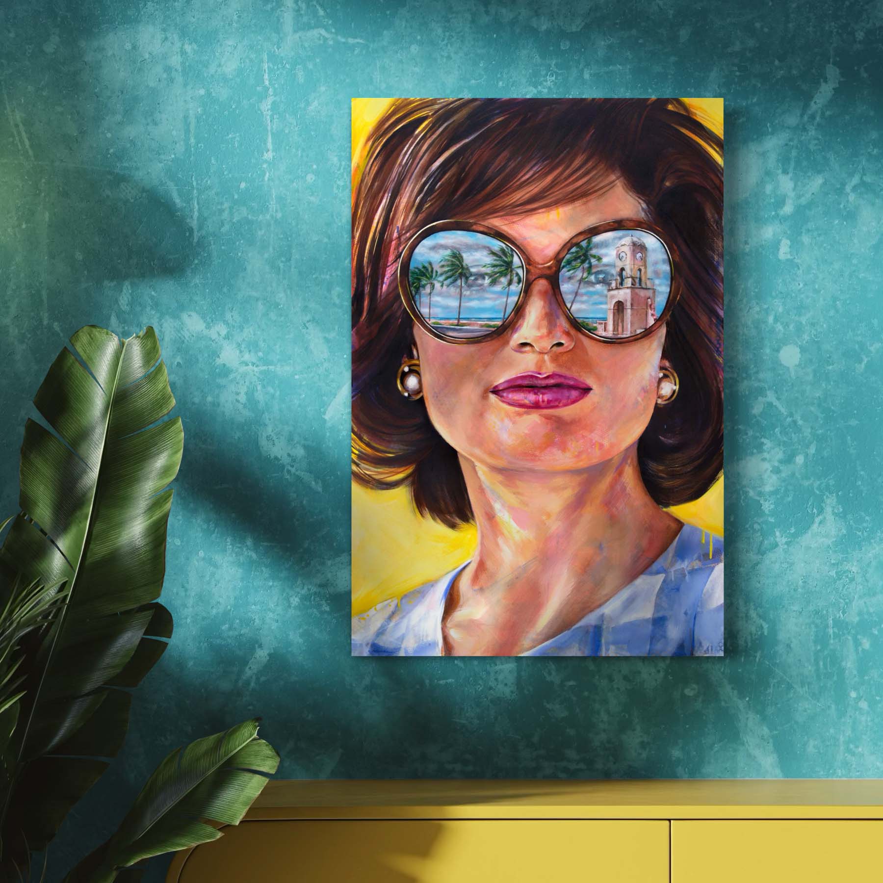 Painted portrait of Jackie Kennedy Onnassis wearing oversized sunglasses with the reflection of the Worth Avenue Clock Tower in Palm Beach, Florida. 