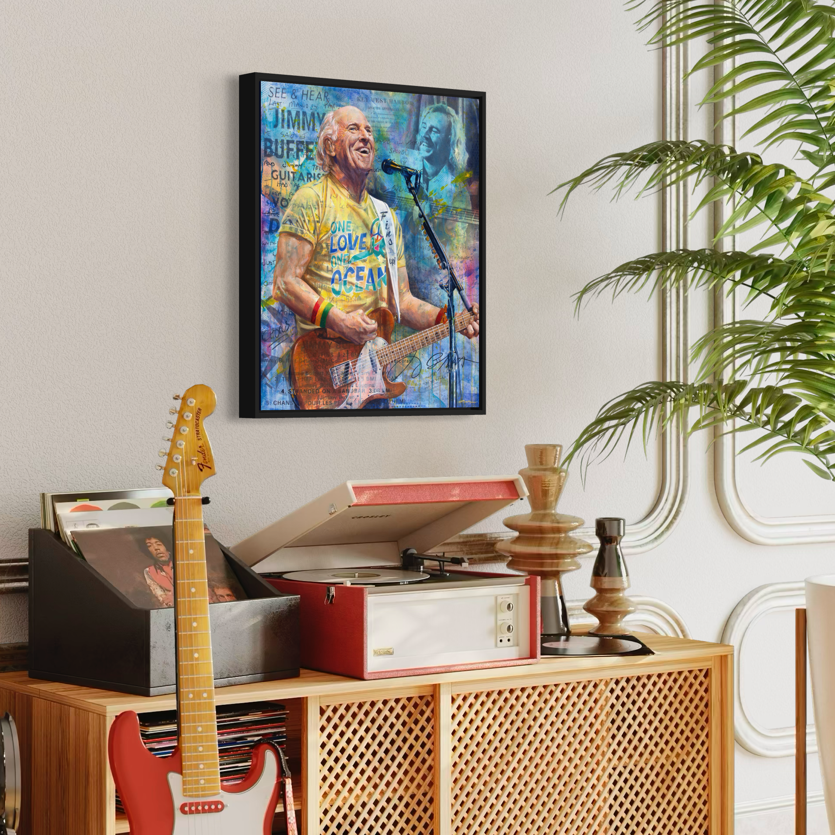 Portrait painting of singer-songwriter Jimmy Buffett playing an orange guitar, wearing a yellow t-shirt and singing into a microphone. Images of Jimmy's handwritten song lyrics in the background. 