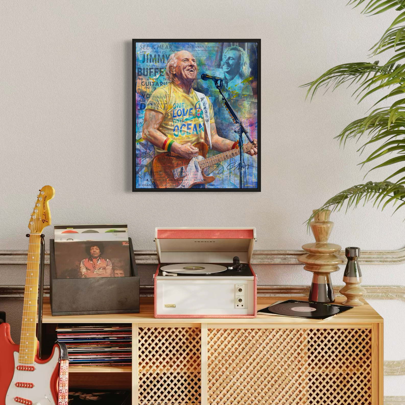 Portrait painting of singer-songwriter Jimmy Buffett playing an orange guitar, wearing a yellow t-shirt and singing into a microphone. Images of Jimmy's handwritten song lyrics in the background. 