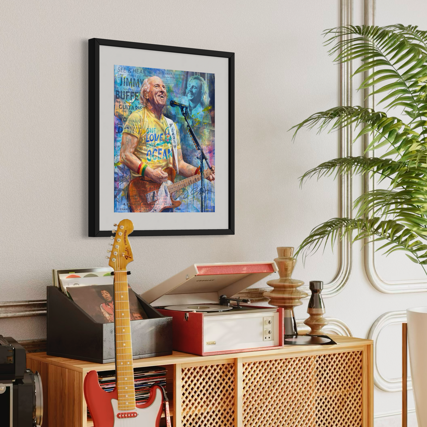 Portrait painting of singer-songwriter Jimmy Buffett playing an orange guitar, wearing a yellow t-shirt and singing into a microphone. Images of Jimmy's handwritten song lyrics in the background. 