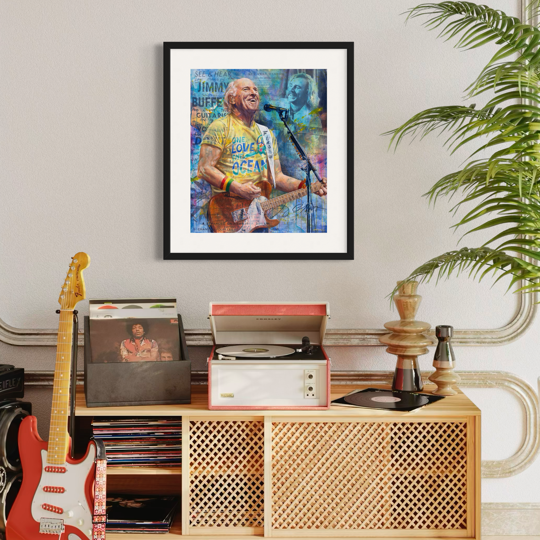 Portrait painting of singer-songwriter Jimmy Buffett playing an orange guitar, wearing a yellow t-shirt and singing into a microphone. Images of Jimmy's handwritten song lyrics in the background. 