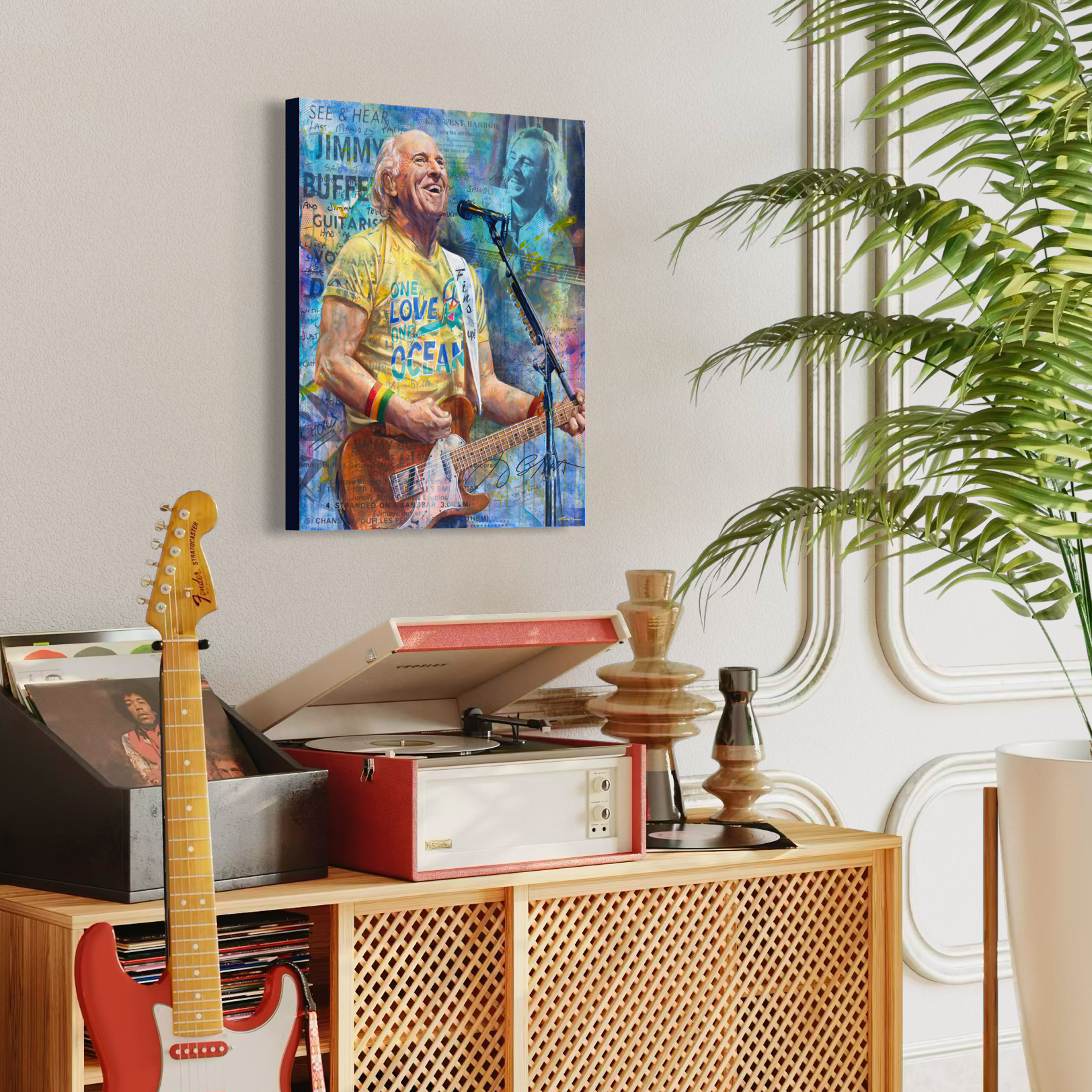 Portrait painting of singer-songwriter Jimmy Buffett playing an orange guitar, wearing a yellow t-shirt and singing into a microphone. Images of Jimmy's handwritten song lyrics in the background. 