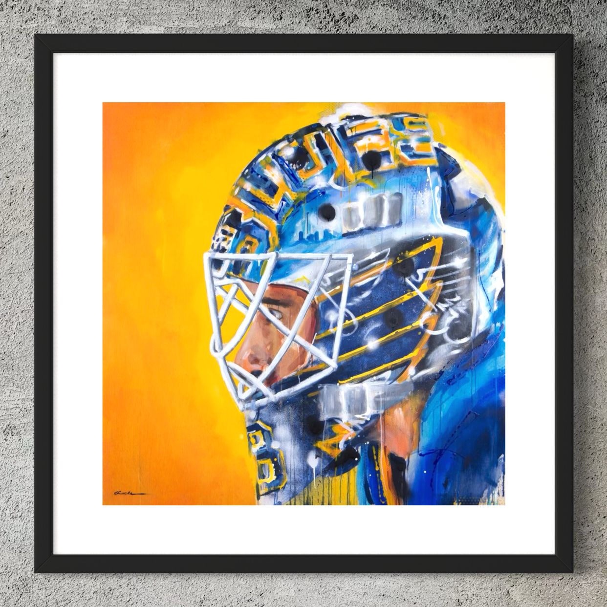 Blues goalie Jordan Binnington by Kyle Lucks as a framed giclée fine art print in a black frame, front view