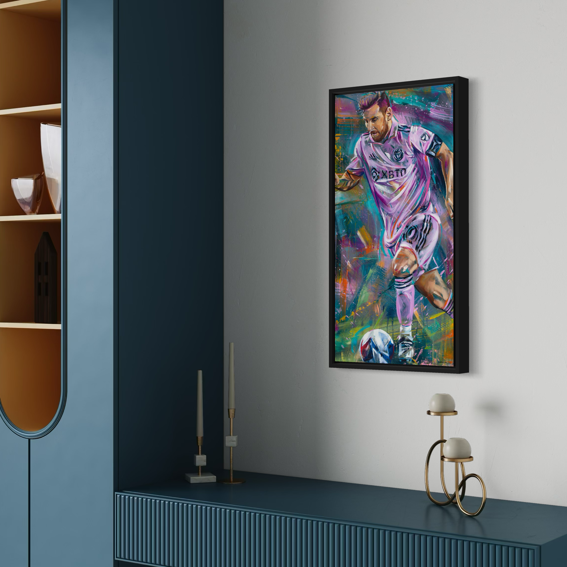 Portrait painting of soccer, football player Lionel Messi wearing pink uniform of MLS team Inter Miami. 