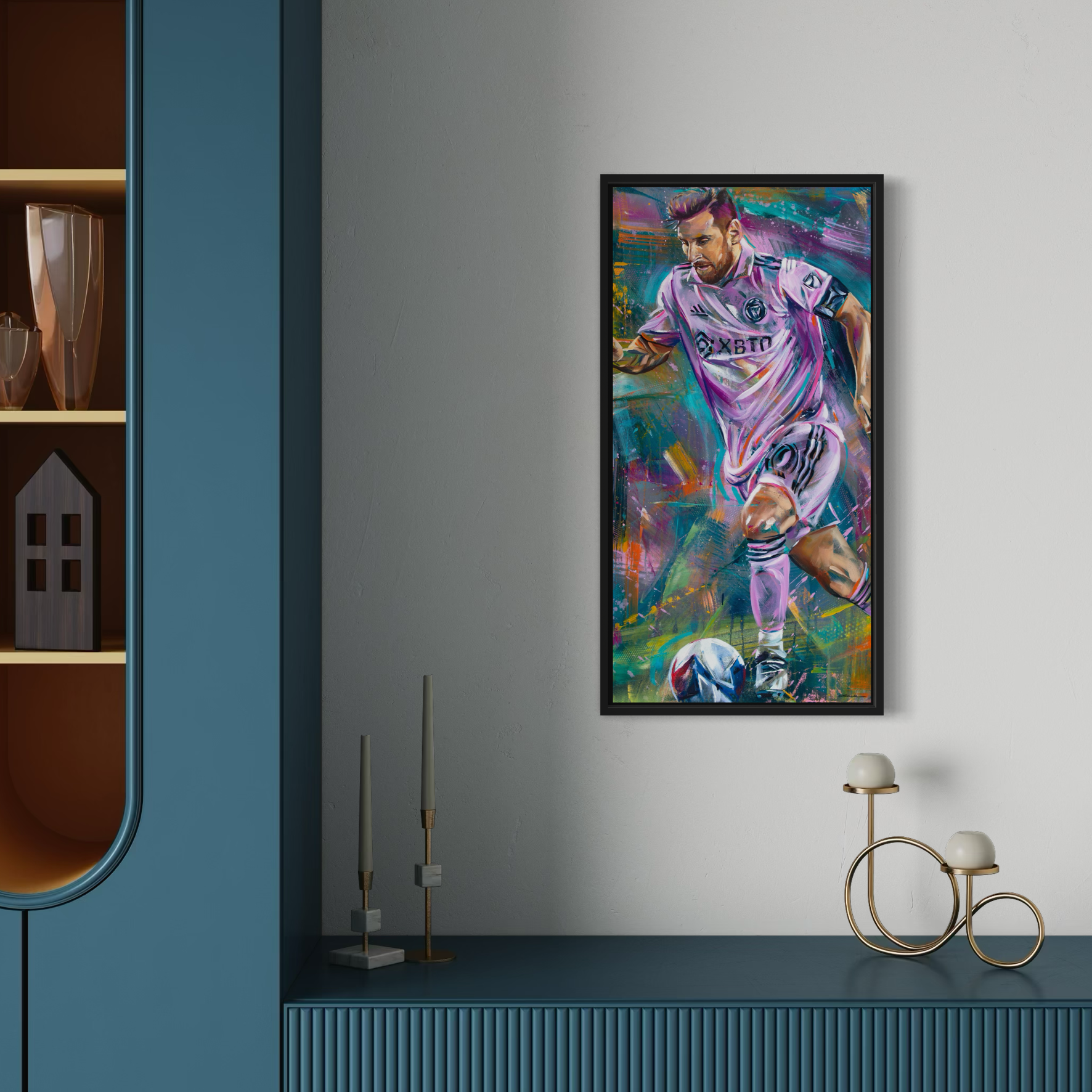 Portrait painting of soccer, football player Lionel Messi wearing pink uniform of MLS team Inter Miami. 