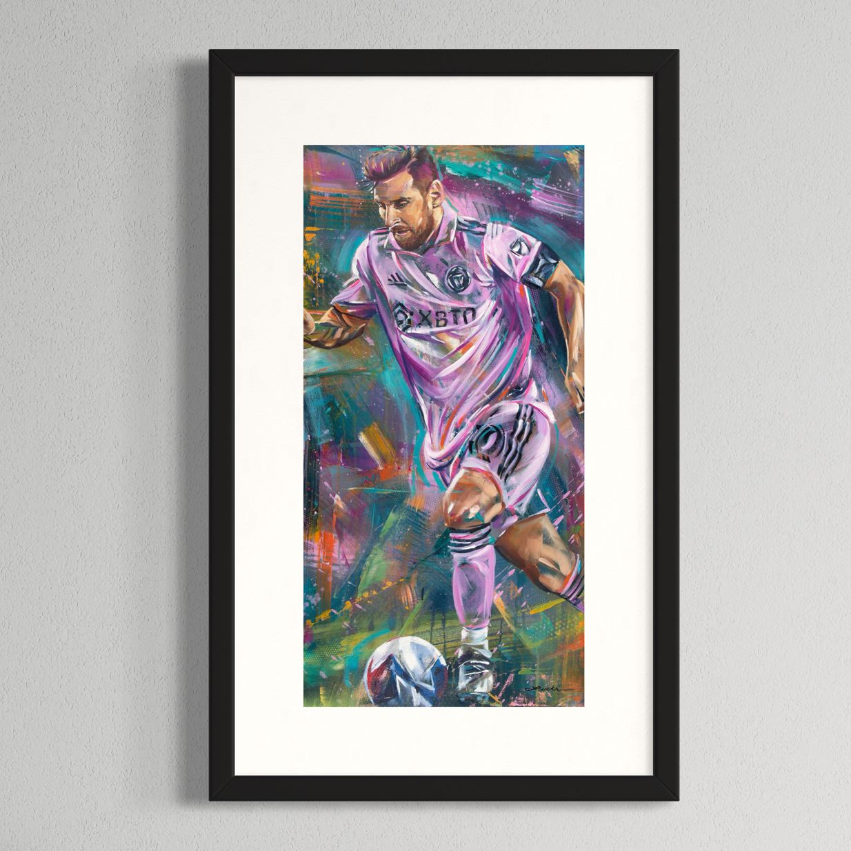 Soccer star Lionel Messi's Miami debut by Kyle Lucks as a framed giclée fine art print in a black frame, front view