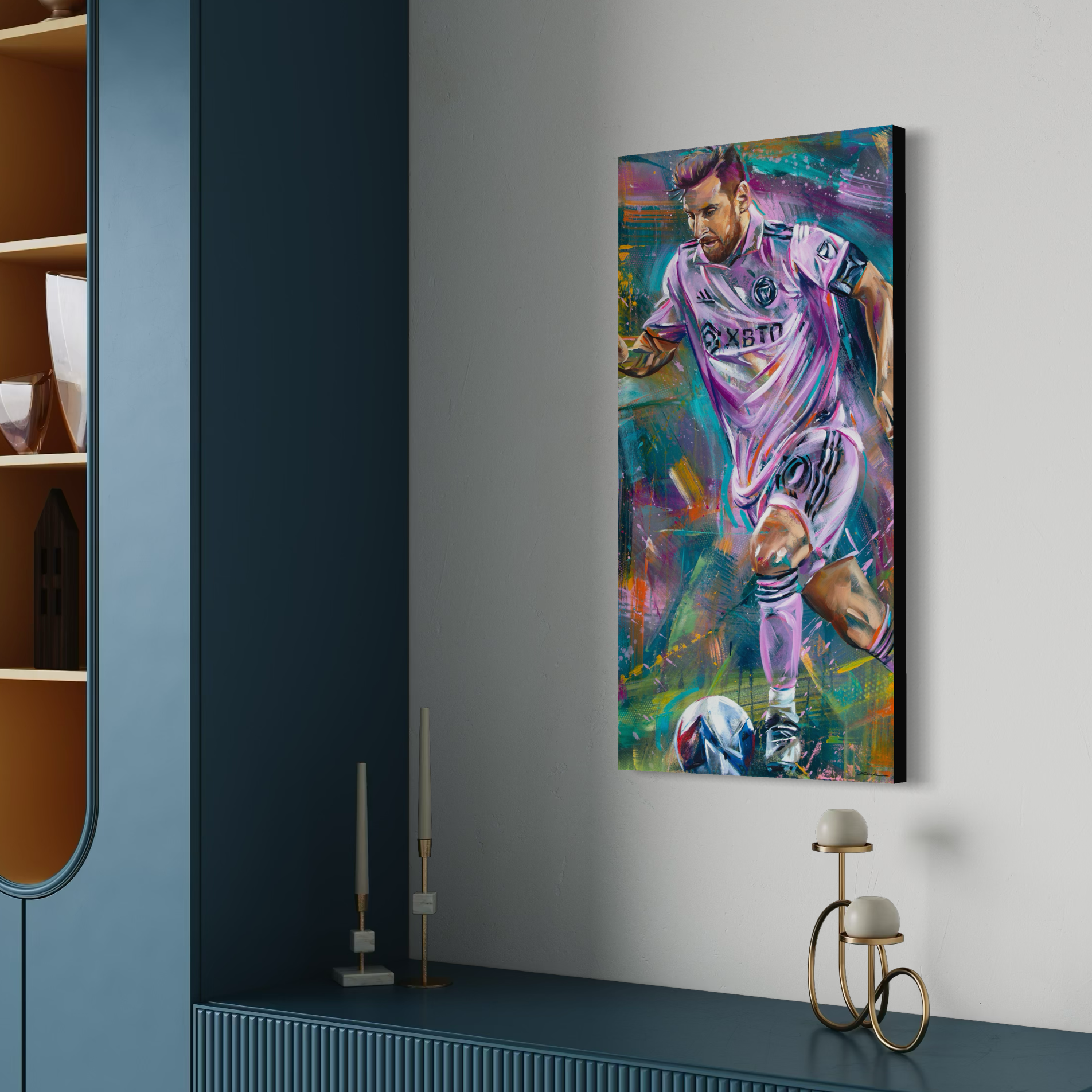 Portrait painting of soccer, football player Lionel Messi wearing pink uniform of MLS team Inter Miami. 