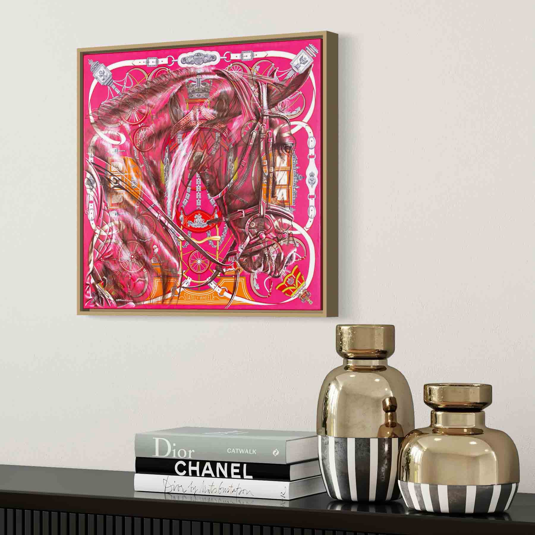 Majestic Motion - Impresión artística enmarcada, sobre lienzo o sin marco de una pintura original de un caballo sobre un pañuelo de seda de Hermès