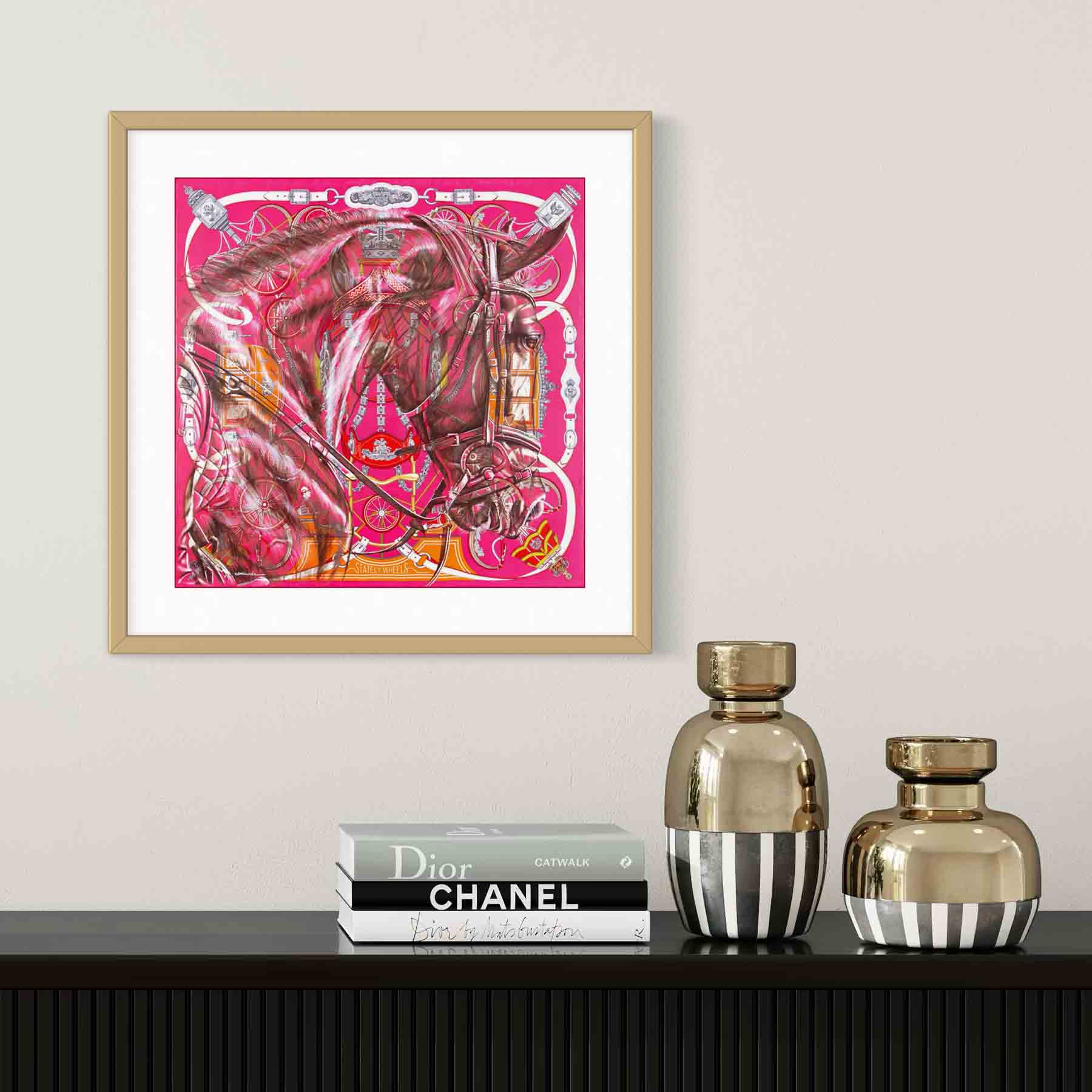 Majestic Motion - Impresión artística enmarcada, sobre lienzo o sin marco de una pintura original de un caballo sobre un pañuelo de seda de Hermès