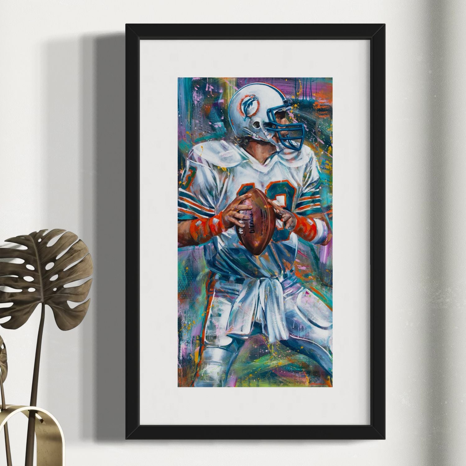 Miami Dolphins legend Dan Marino by Kyle Lucks as a framed giclée fine art print in a black frame, front view