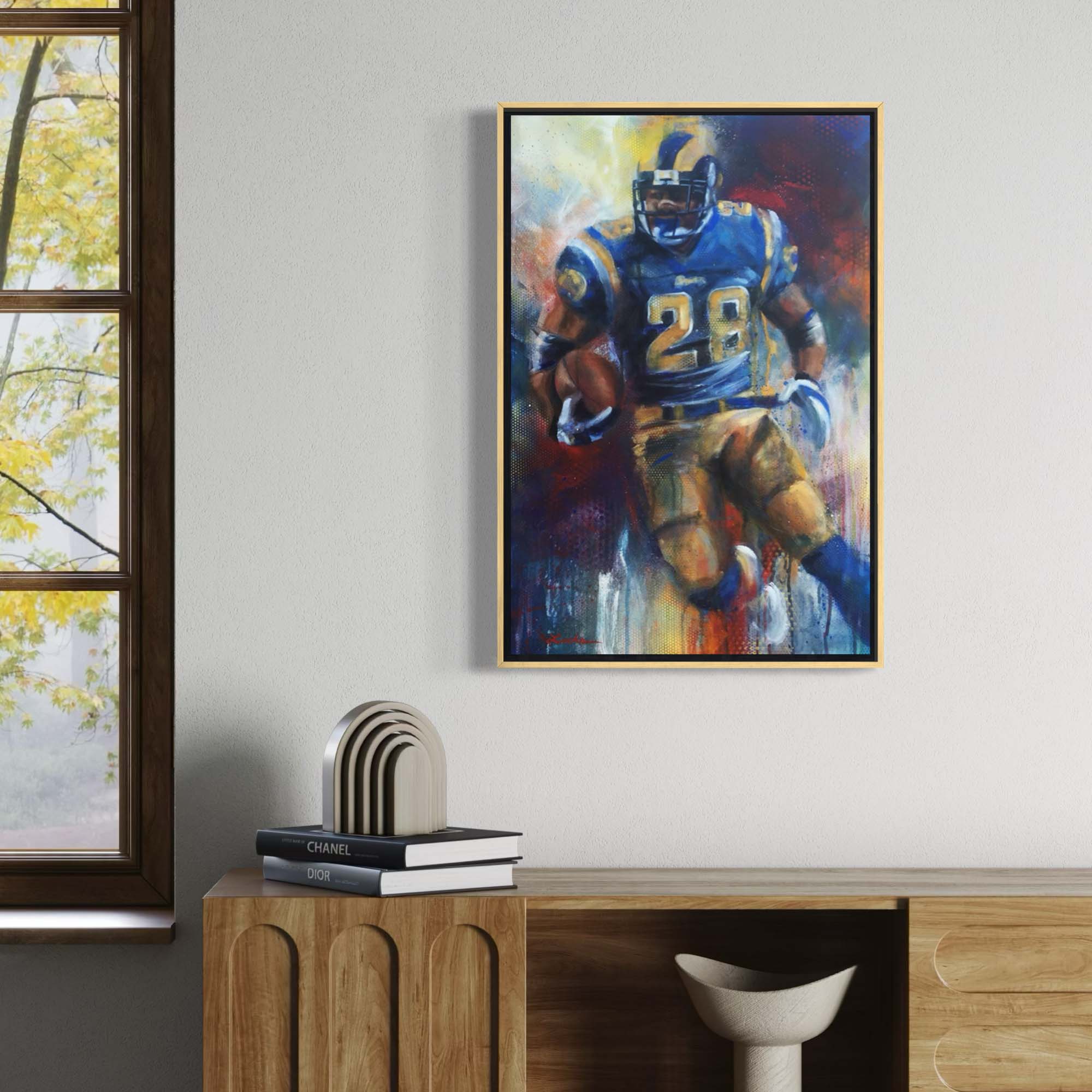 NFL running back Marshall Faulk by Kyle Lucks on a gallery-wrapped canvas in a gold float frame, front view