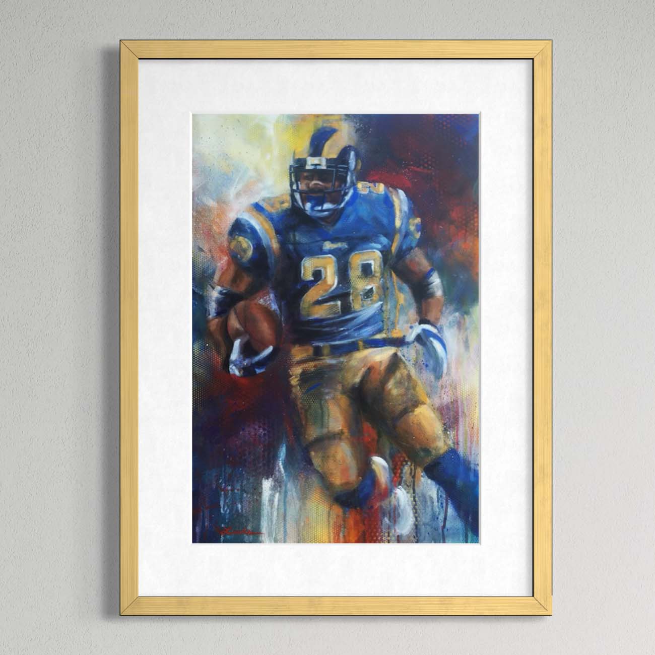 NFL running back Marshall Faulk by Kyle Lucks as a framed giclée fine art print in a gold frame, front view