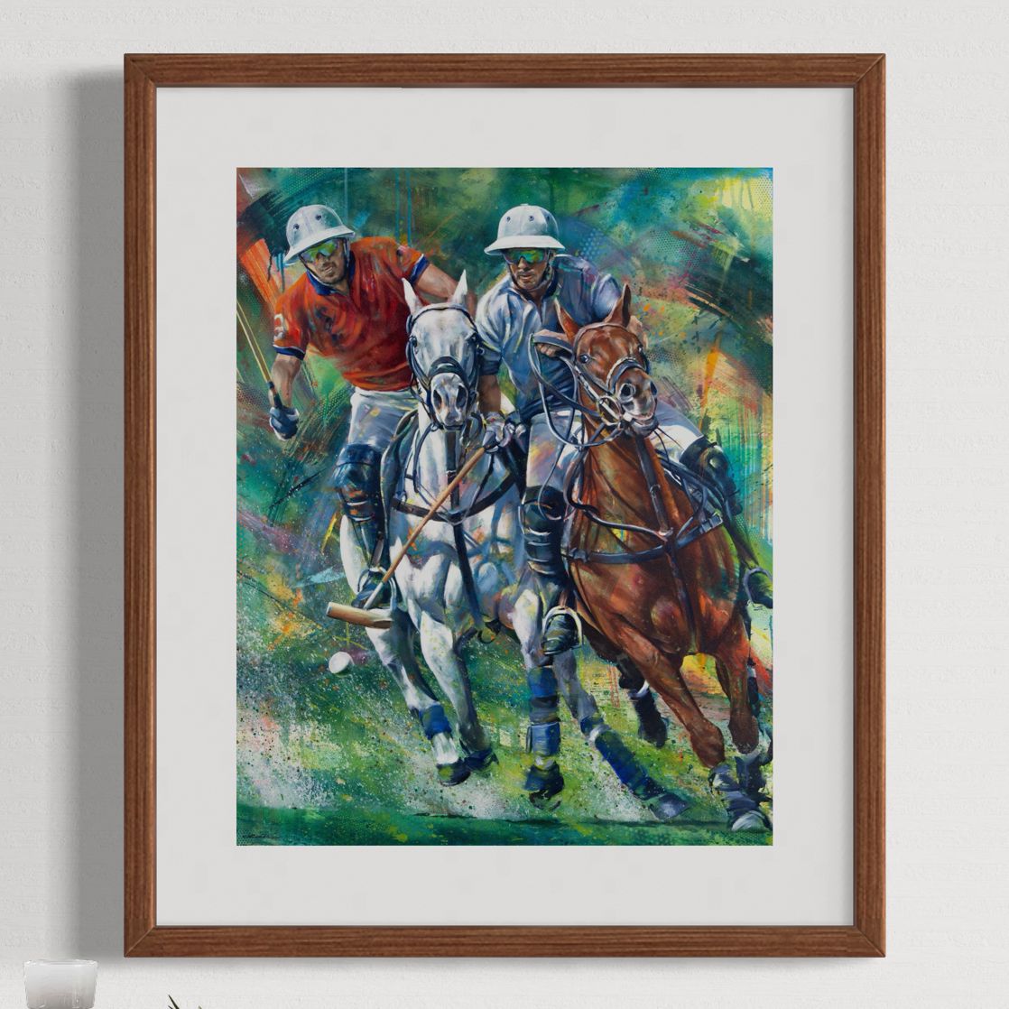 Polo players in action by Kyle Lucks as a framed giclée fine art print, front view
