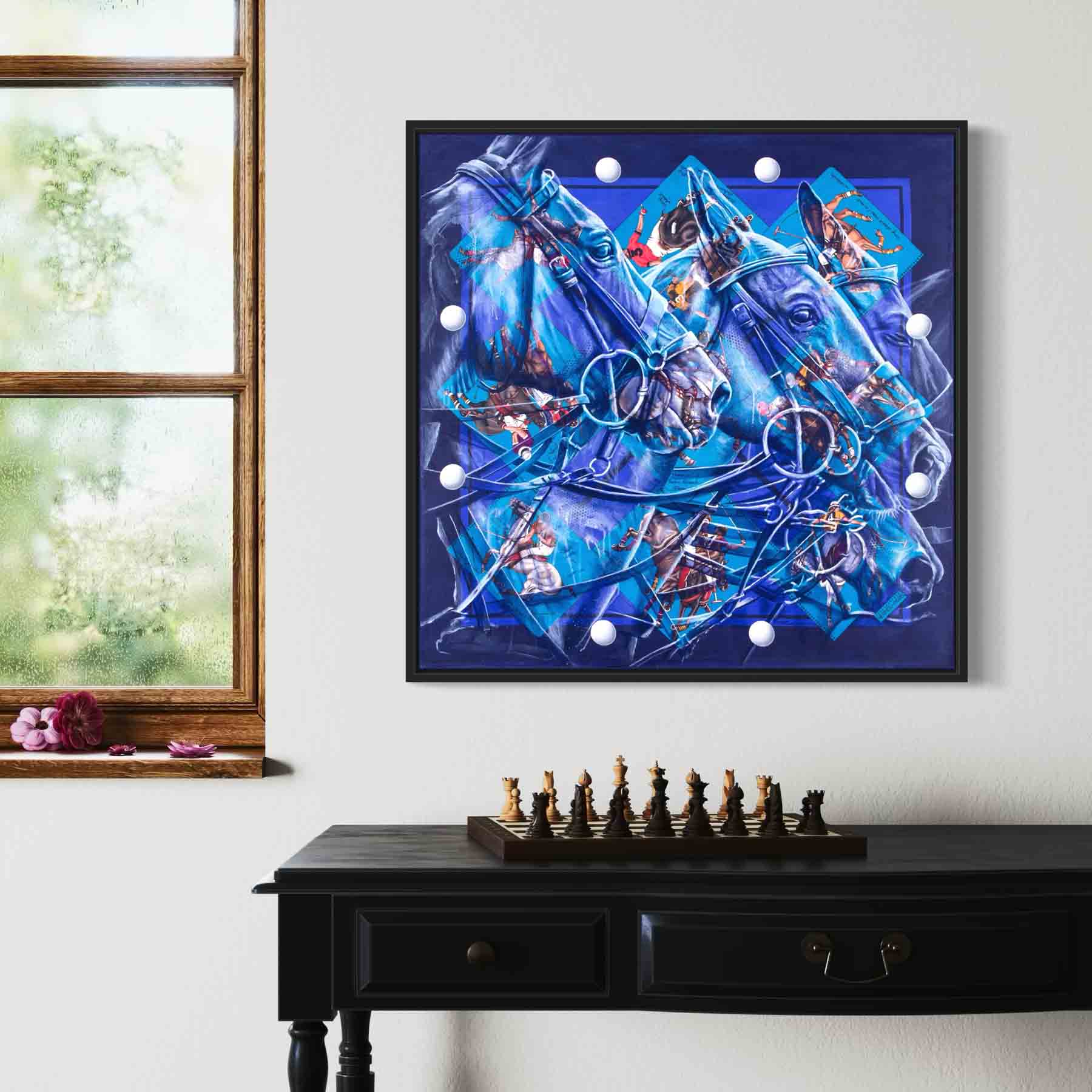 Palm Beach Polo: Impresión artística enmarcada, sobre lienzo o sin marco de una pintura original de polo sobre un pañuelo de seda de Hermès.