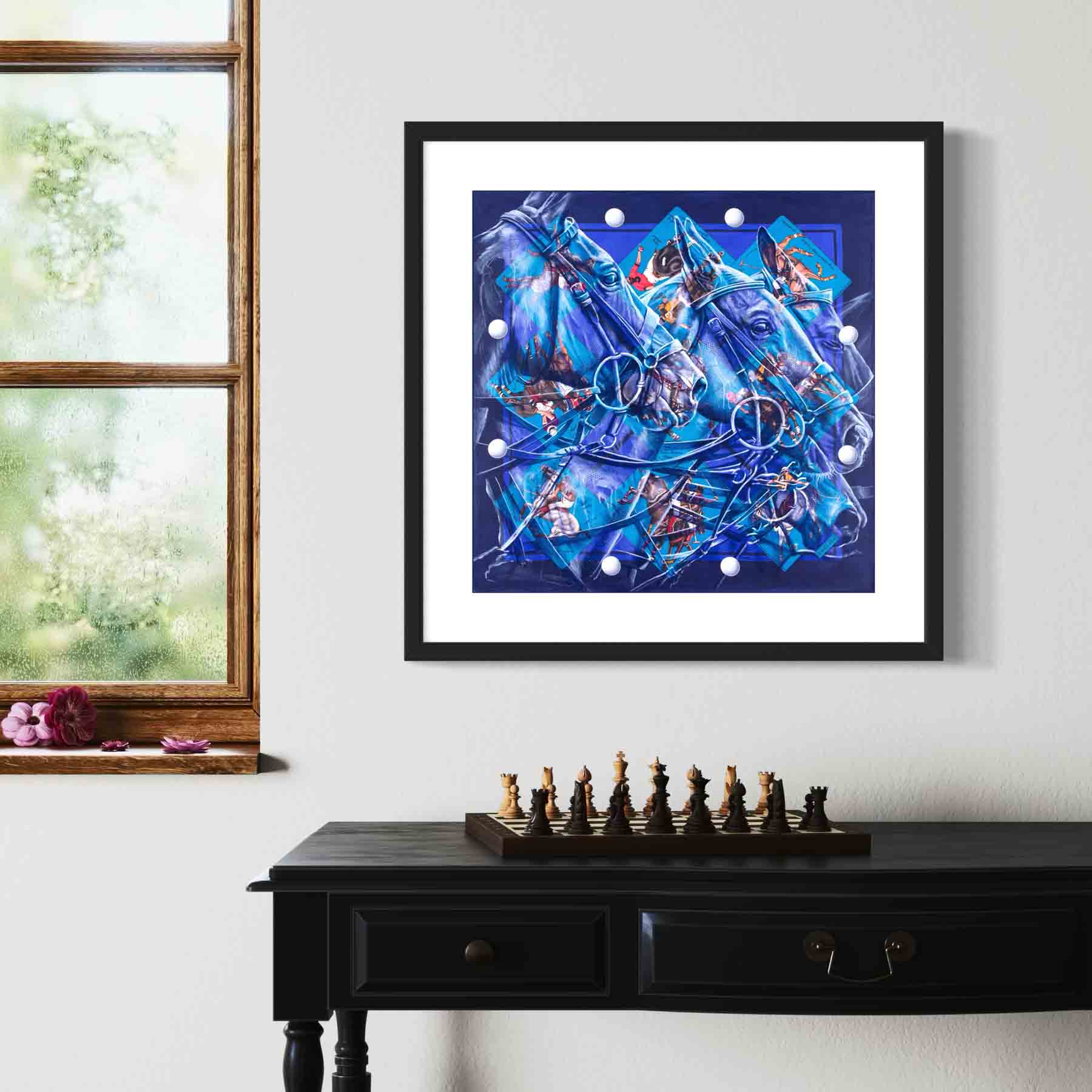 Palm Beach Polo: Impresión artística enmarcada, sobre lienzo o sin marco de una pintura original de polo sobre un pañuelo de seda de Hermès.